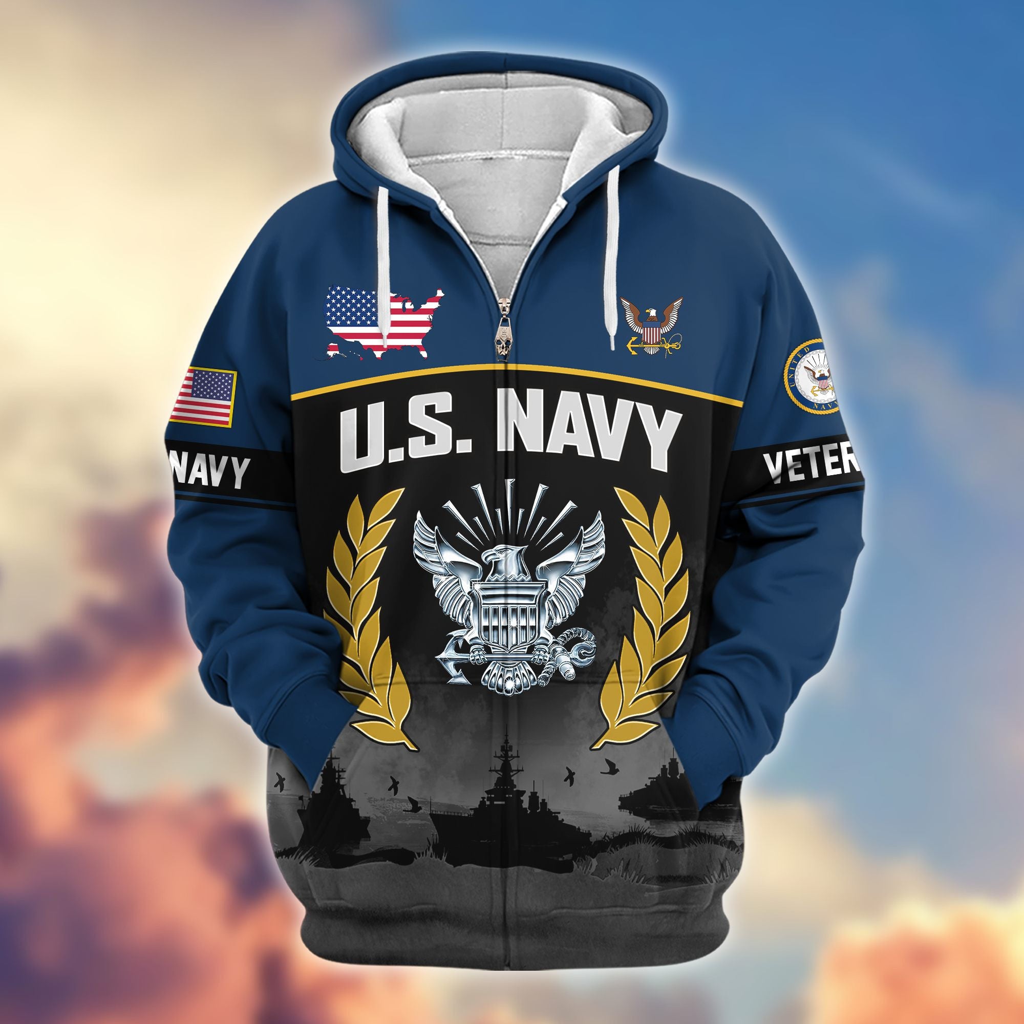 Premium US Veterans Zip Hoodie, Gifts For US Veterans, Gifts On Father's Day, Veterans Day.