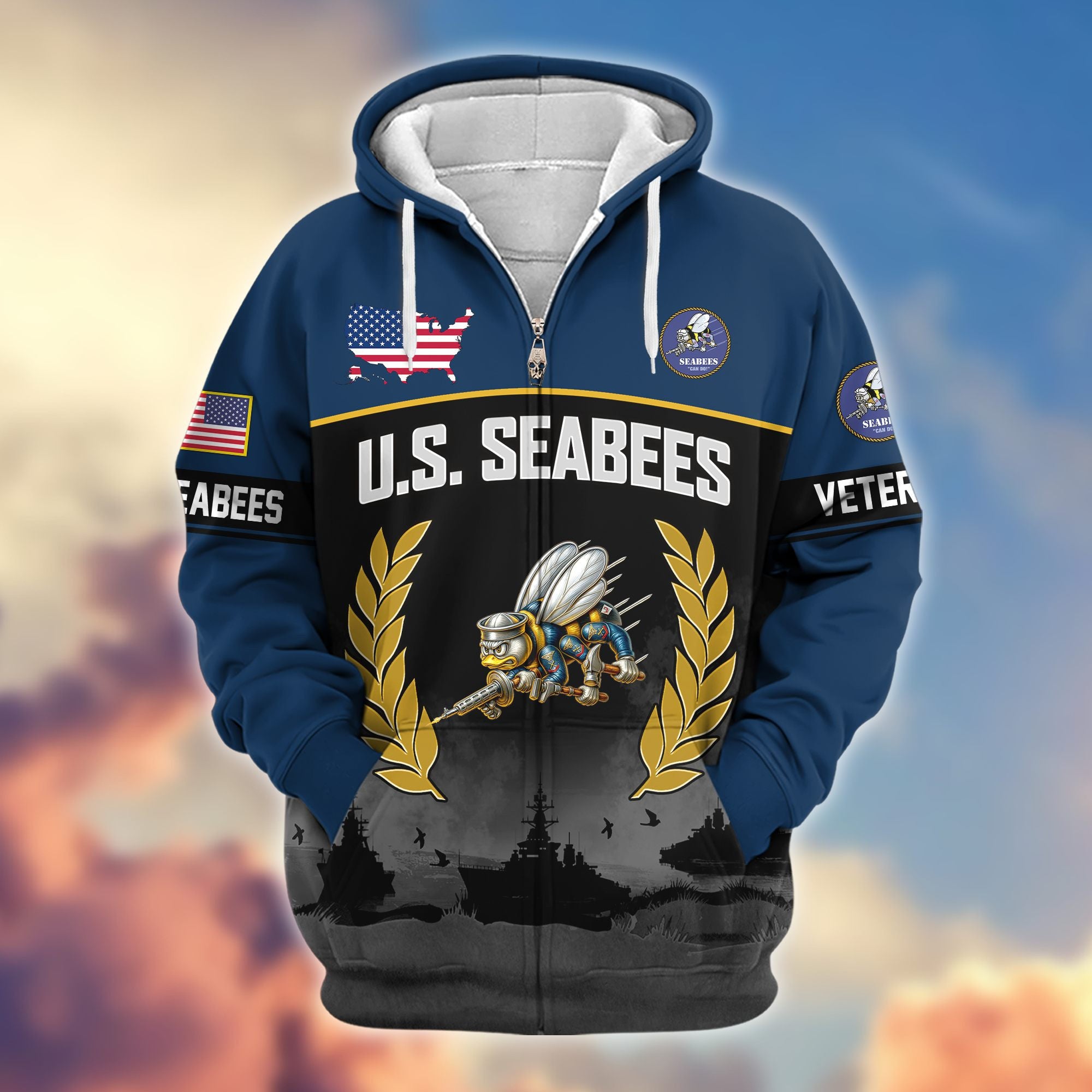 Premium US Veterans Zip Hoodie, Gifts For US Veterans, Gifts On Father's Day, Veterans Day.