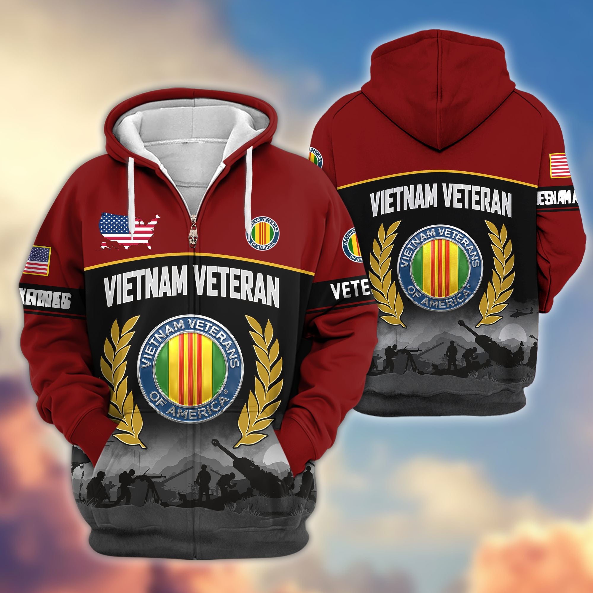 Premium US Veterans Zip Hoodie, Gifts For US Veterans, Gifts On Father's Day, Veterans Day.