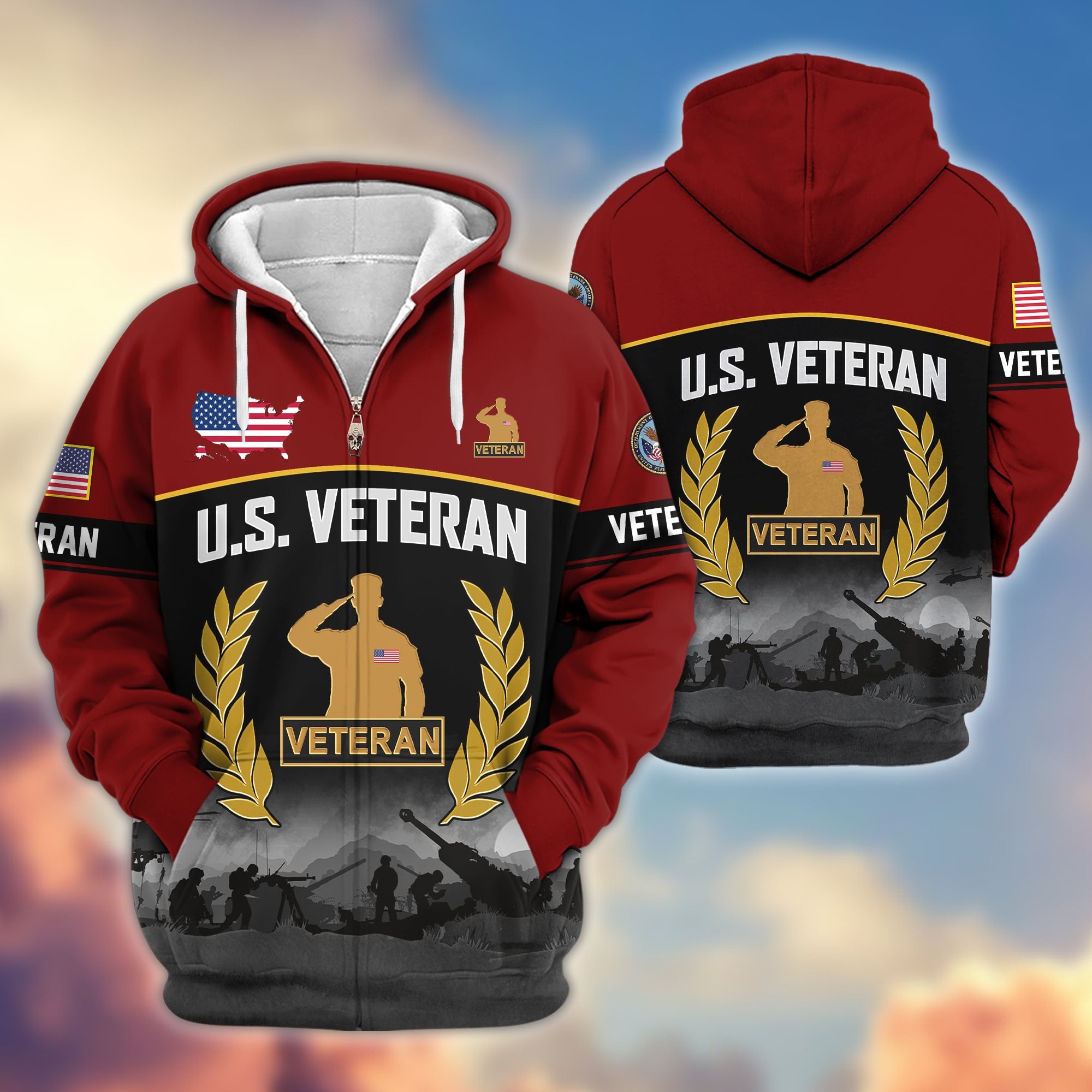 Premium US Veterans Zip Hoodie, Gifts For US Veterans, Gifts On Father's Day, Veterans Day.