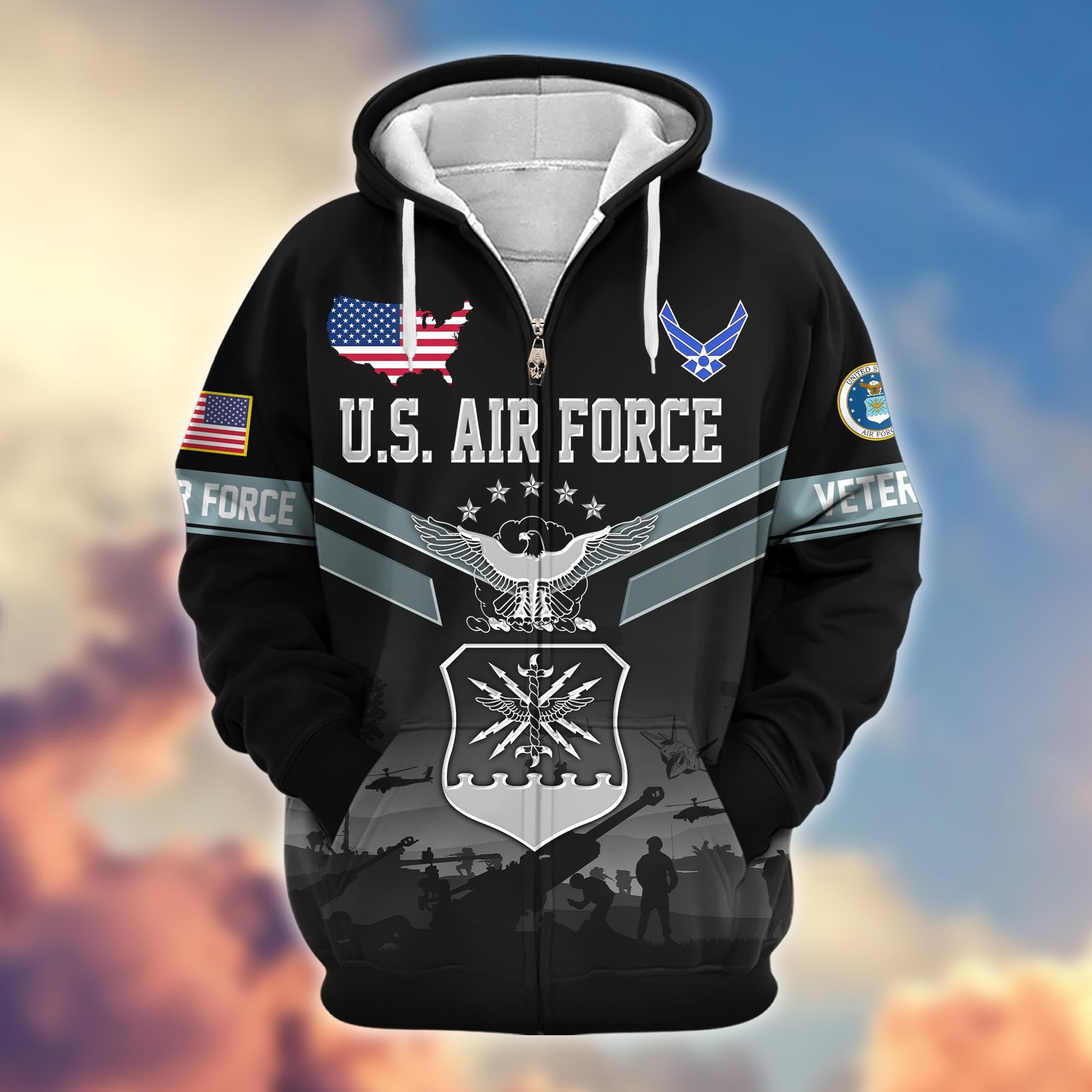 Premium US Veterans Zip Hoodie, Gifts For US Veterans, Gifts On Father's Day, Veterans Day.