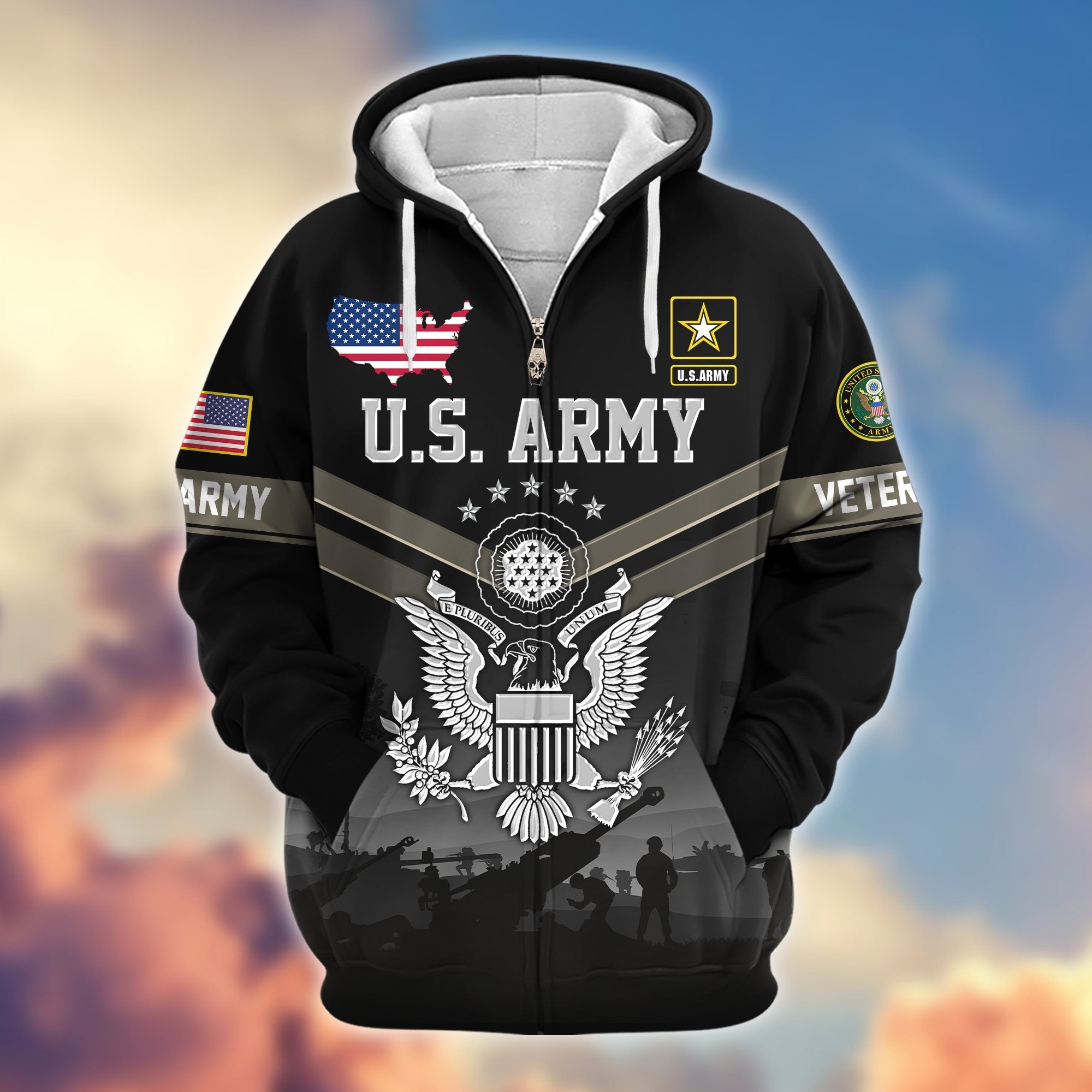 Premium US Veterans Zip Hoodie, Gifts For US Veterans, Gifts On Father's Day, Veterans Day.