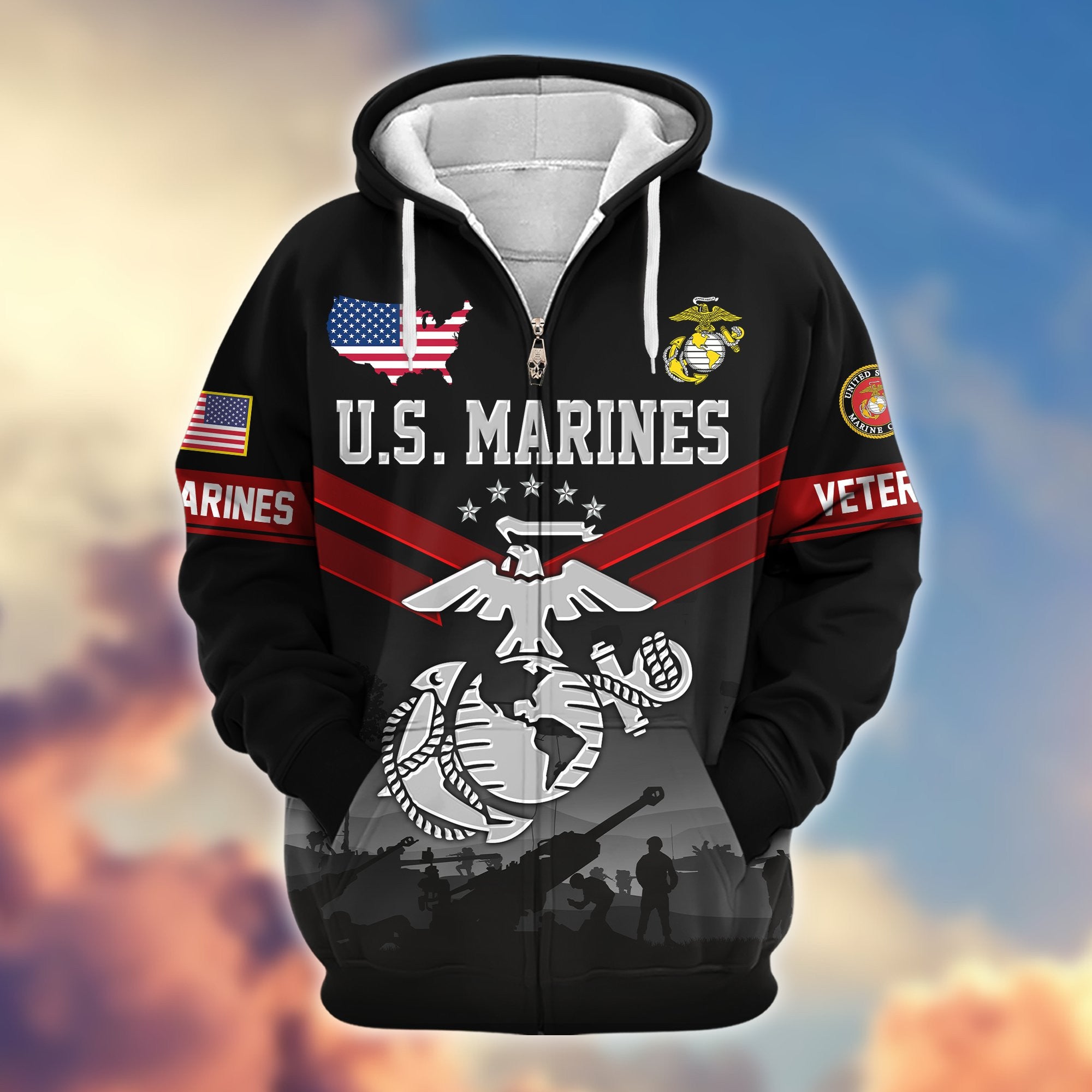 Premium US Veterans Zip Hoodie, Gifts For US Veterans, Gifts On Father's Day, Veterans Day.
