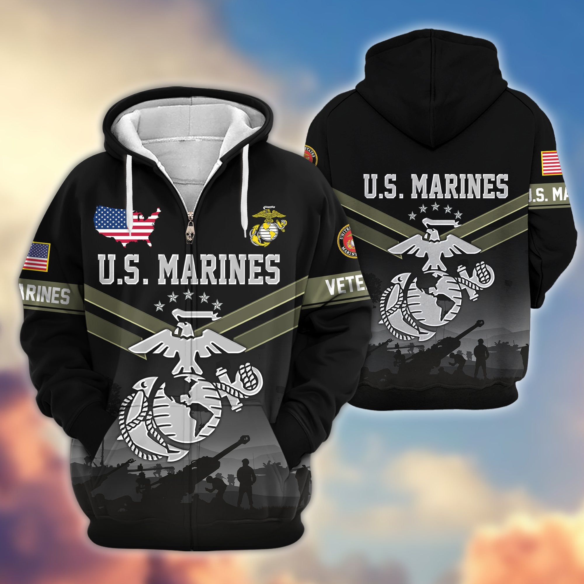 Premium US Veterans Zip Hoodie, Gifts For US Veterans, Gifts On Father's Day, Veterans Day.