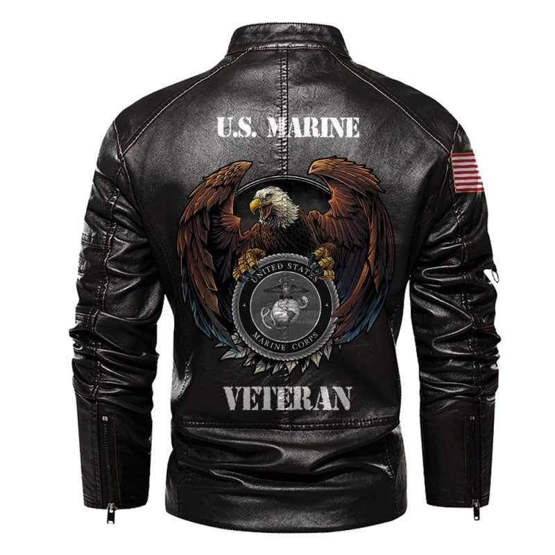 Premium USMC Veteran Leather Jacket, Gifts For Marine Veteran, Gifts On Father's Day, Veterans Day.