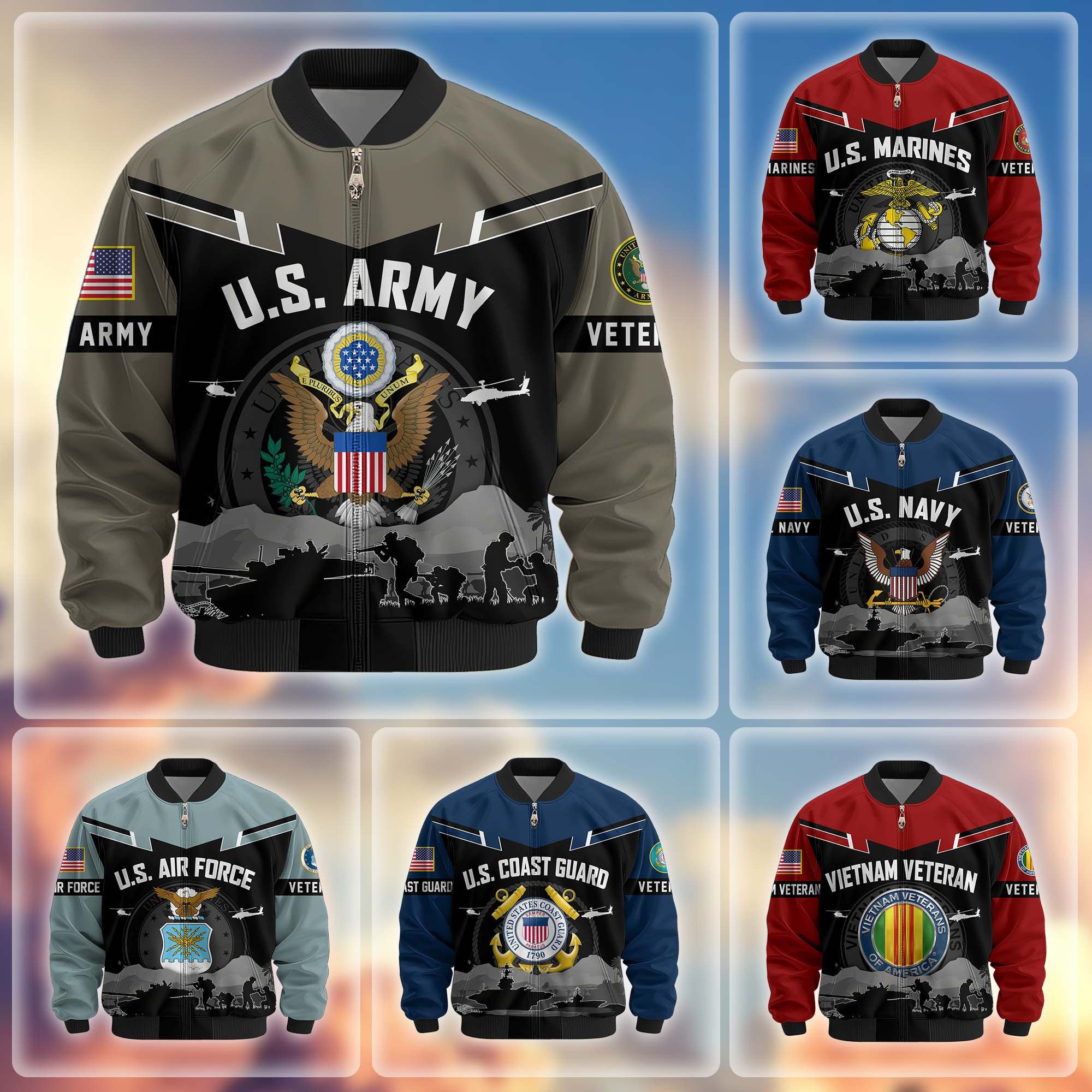 Premium US Veterans Bomber Jacket, Gifts For US Veterans, Gifts On Father's Day, Veterans Day.