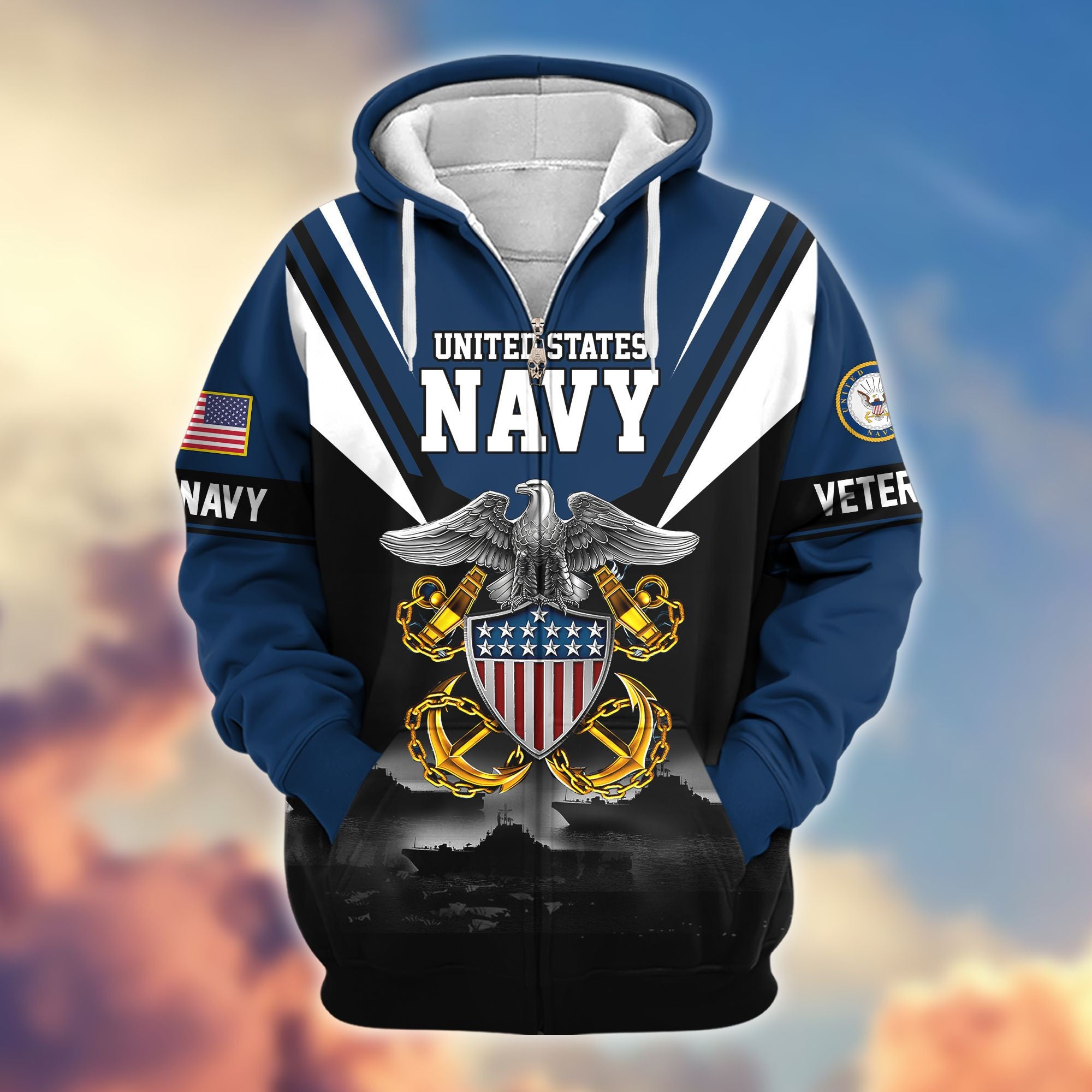 Premium US Veterans Zip Hoodie, Gifts For US Veterans, Gifts On Father's Day, Veterans Day.