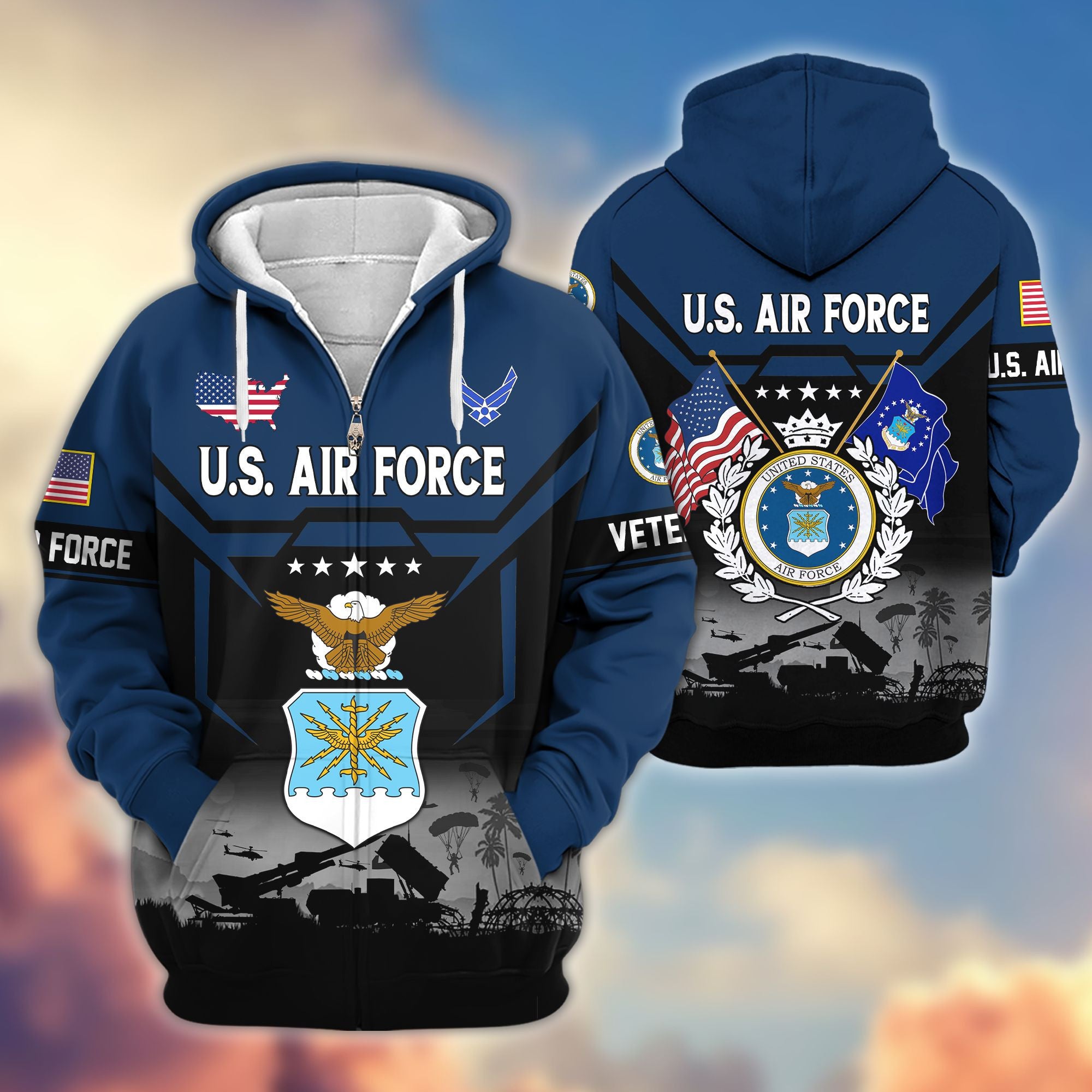 Premium US Veterans Zip Hoodie, Gifts For US Veterans, Gifts On Father's Day, Veterans Day.