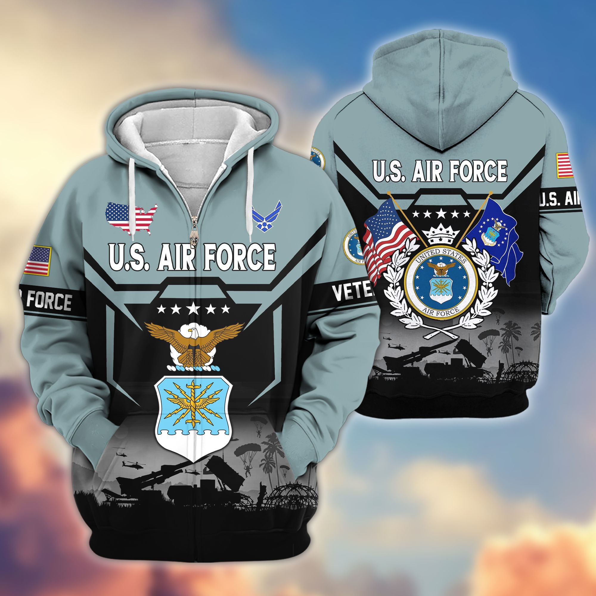 Premium US Veterans Zip Hoodie, Gifts For US Veterans, Gifts On Father's Day, Veterans Day.