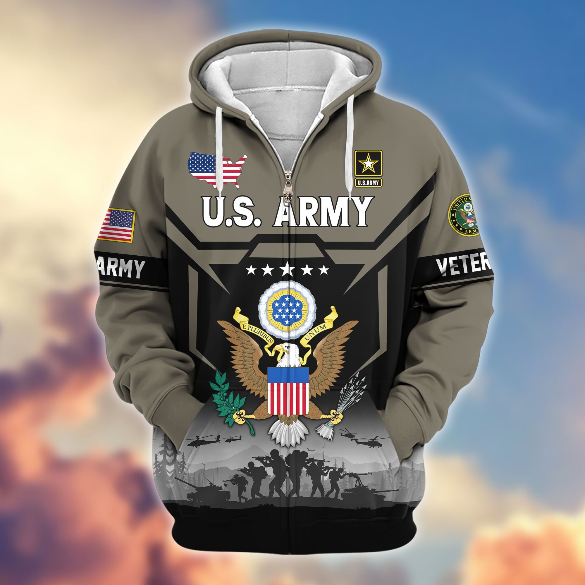 Premium US Veterans Zip Hoodie, Gifts For US Veterans, Gifts On Father's Day, Veterans Day.