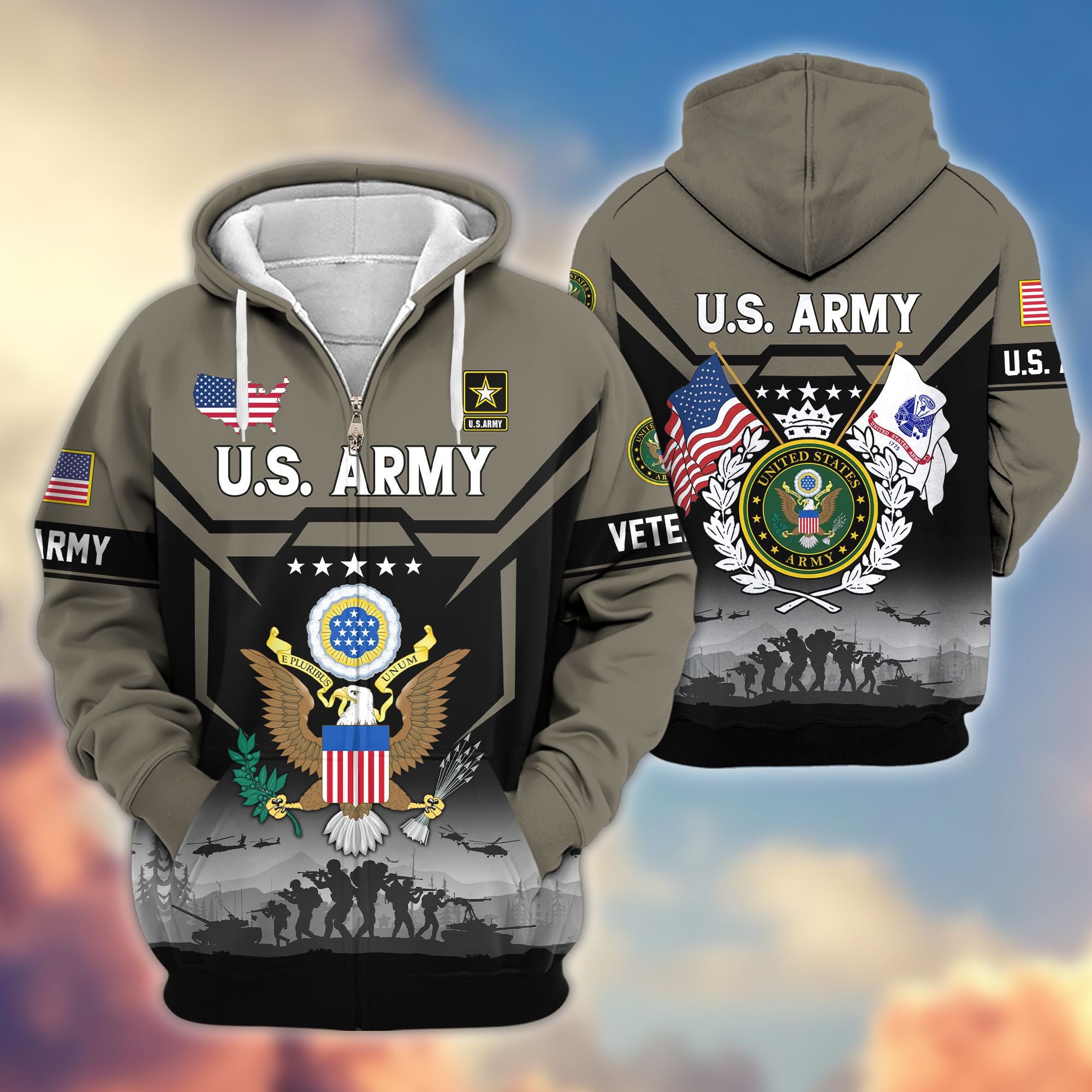 Premium US Veterans Zip Hoodie, Gifts For US Veterans, Gifts On Father's Day, Veterans Day.
