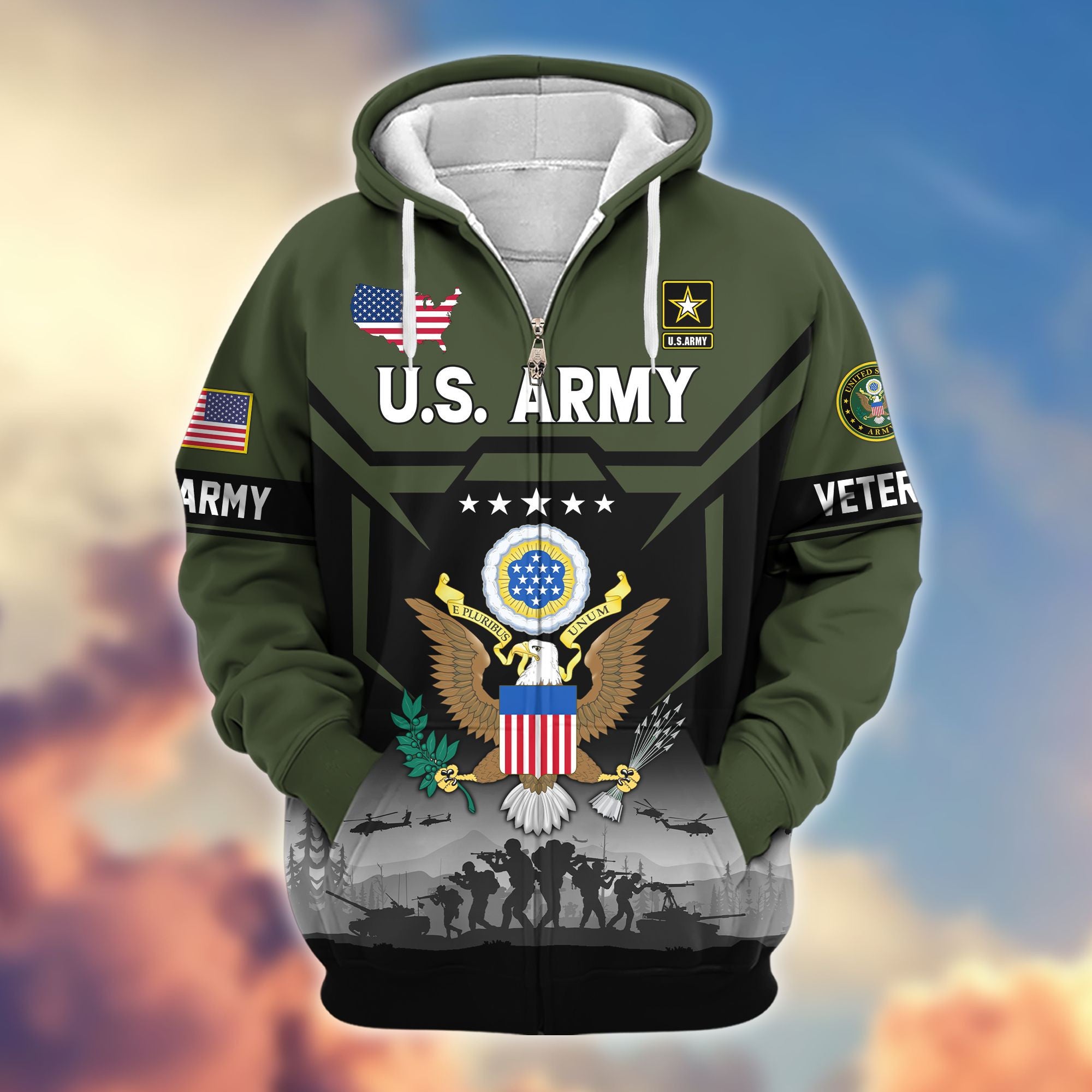 Premium US Veterans Zip Hoodie, Gifts For US Veterans, Gifts On Father's Day, Veterans Day.