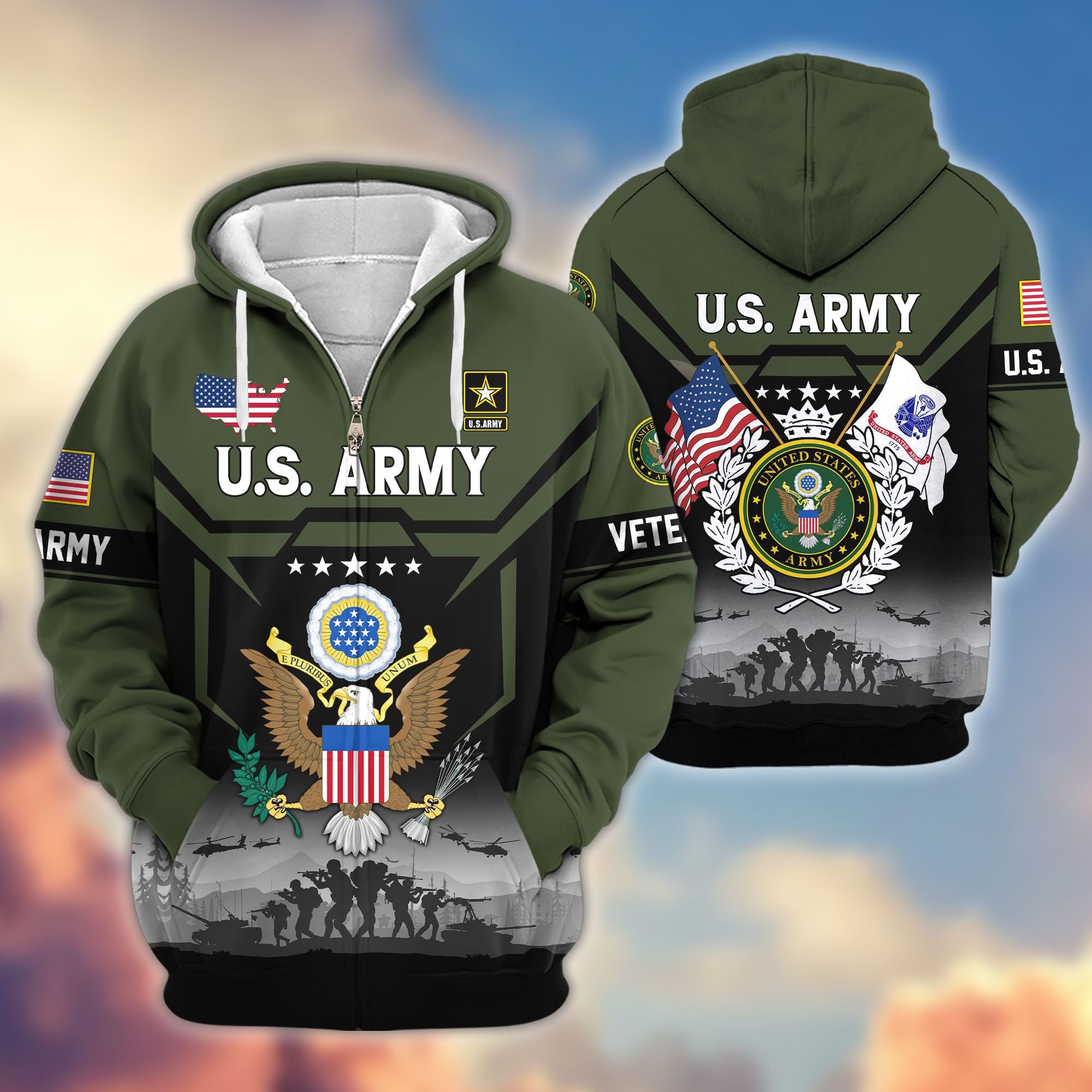 Premium US Veterans Zip Hoodie, Gifts For US Veterans, Gifts On Father's Day, Veterans Day.