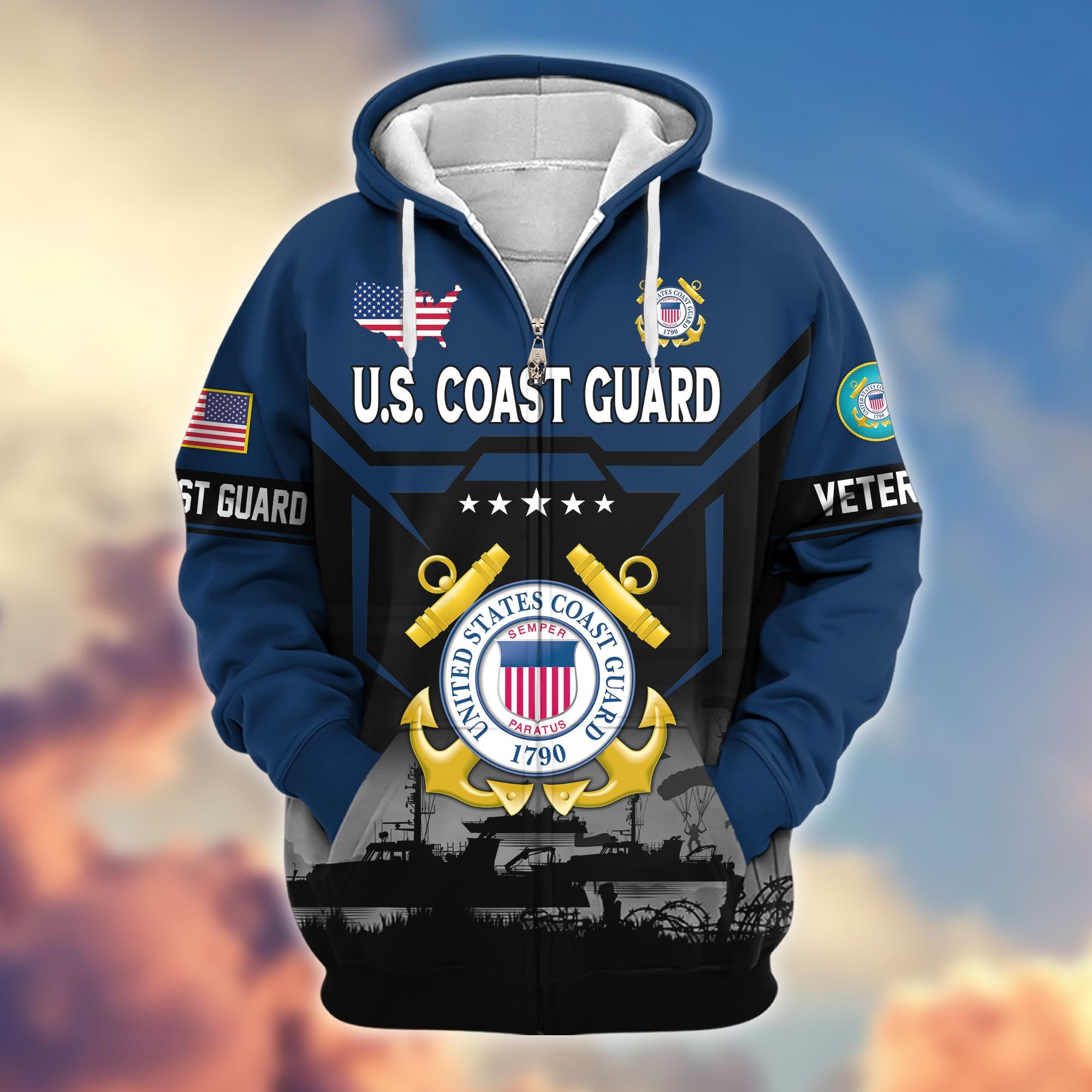 Premium US Veterans Zip Hoodie, Gifts For US Veterans, Gifts On Father's Day, Veterans Day.