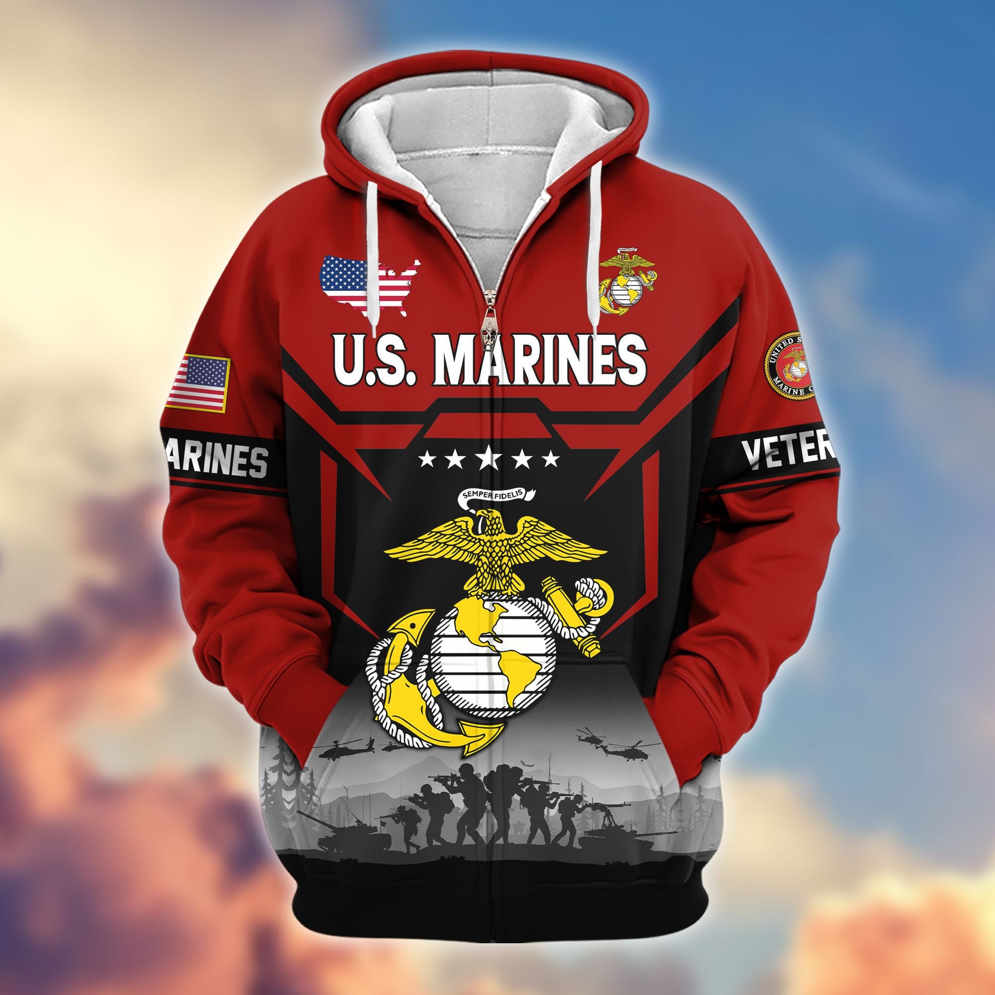 Premium US Veterans Zip Hoodie, Gifts For US Veterans, Gifts On Father's Day, Veterans Day.