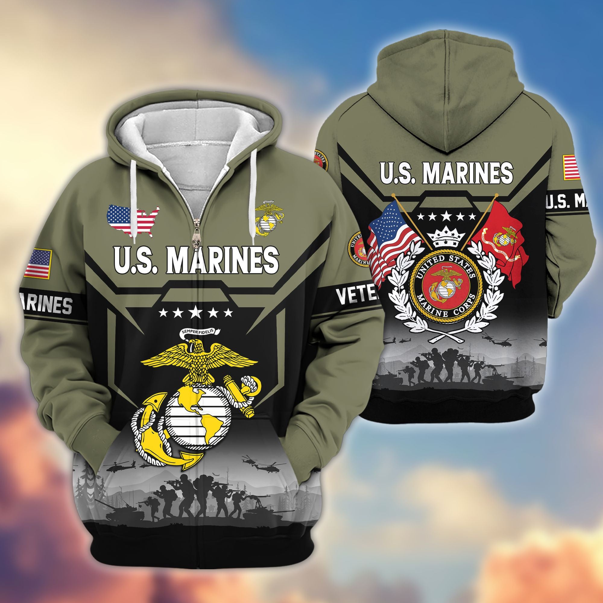 Premium US Veterans Zip Hoodie, Gifts For US Veterans, Gifts On Father's Day, Veterans Day.