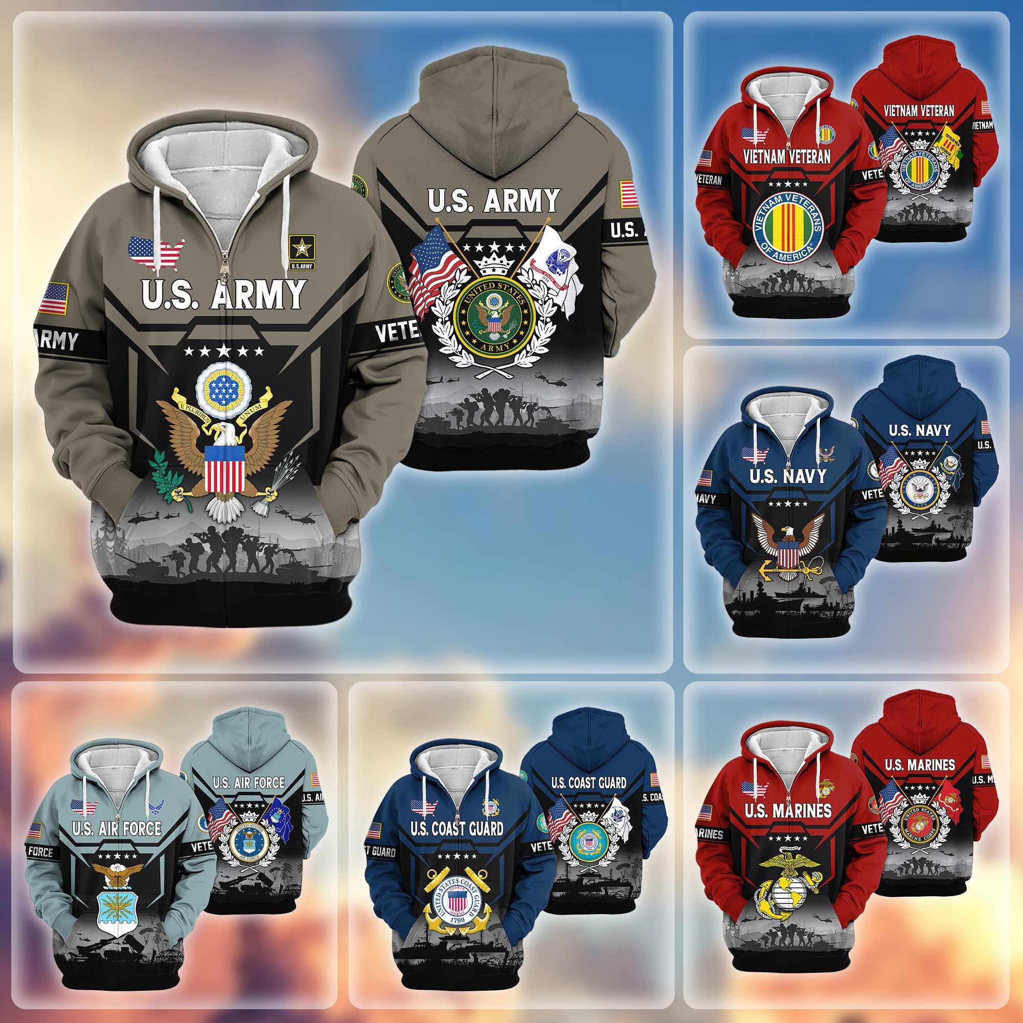 Premium US Veterans Zip Hoodie, Gifts For US Veterans, Gifts On Father's Day, Veterans Day.
