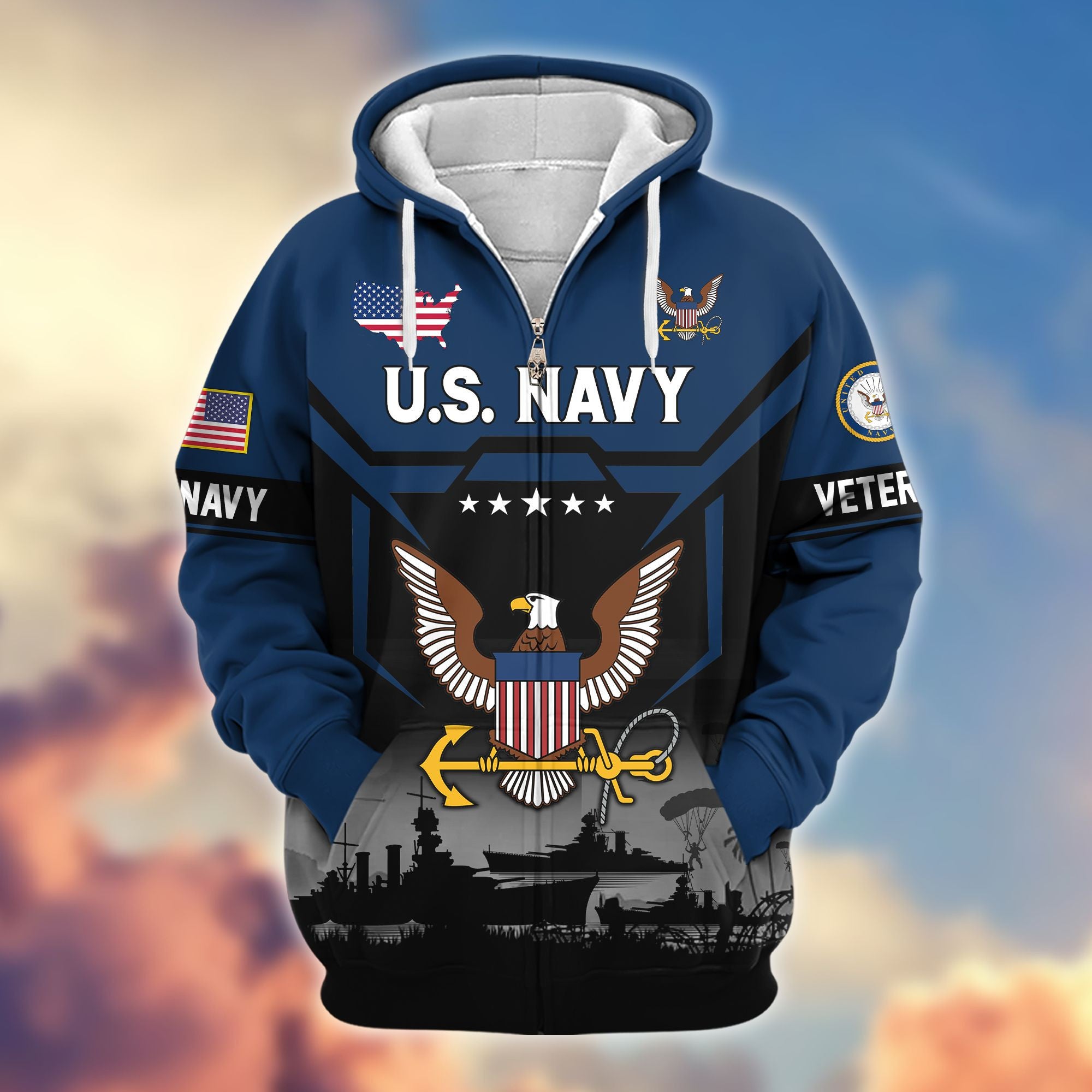 Premium US Veterans Zip Hoodie, Gifts For US Veterans, Gifts On Father's Day, Veterans Day.