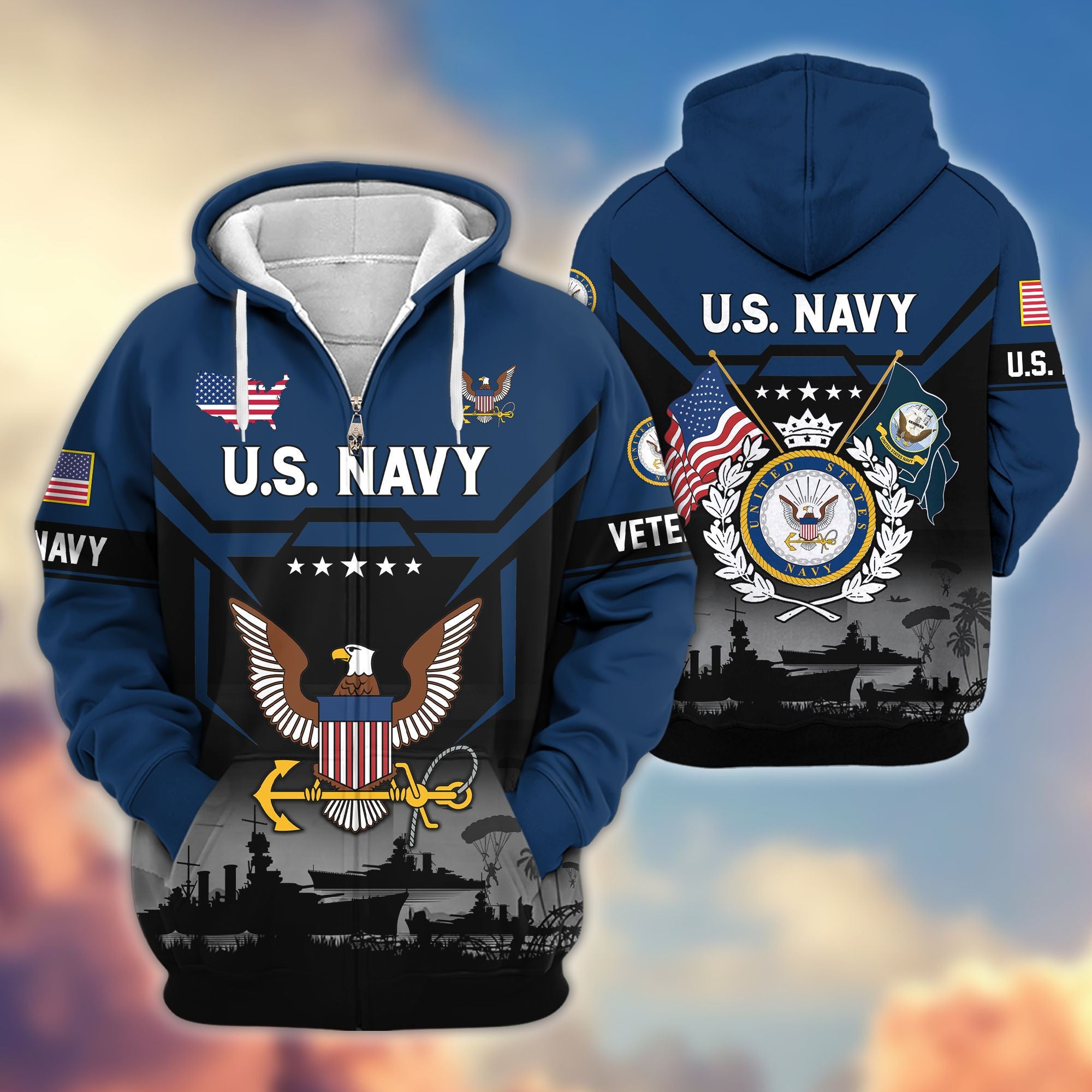 Premium US Veterans Zip Hoodie, Gifts For US Veterans, Gifts On Father's Day, Veterans Day.
