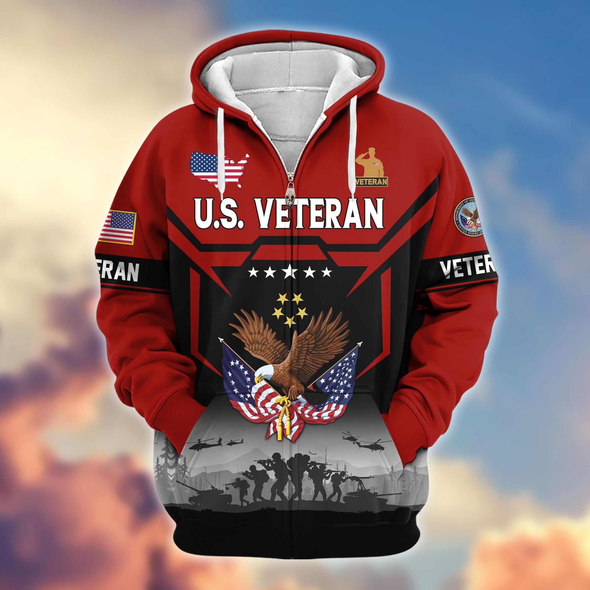 Premium US Veterans Zip Hoodie, Gifts For US Veterans, Gifts On Father's Day, Veterans Day.