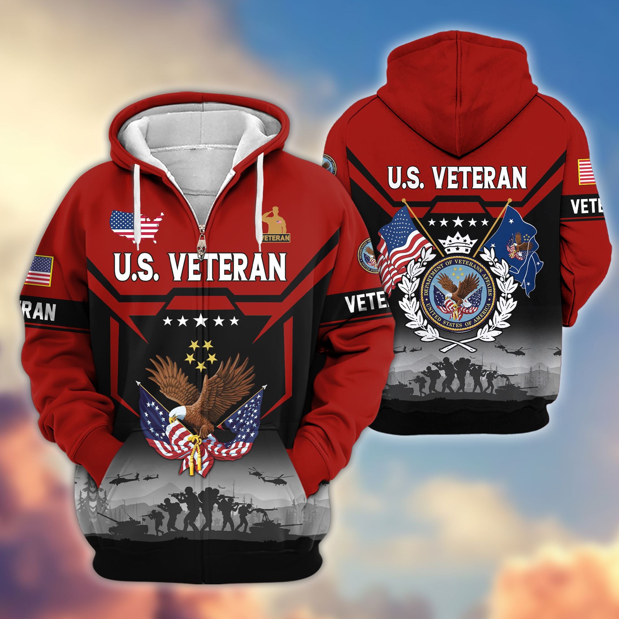 Premium US Veterans Zip Hoodie, Gifts For US Veterans, Gifts On Father's Day, Veterans Day.