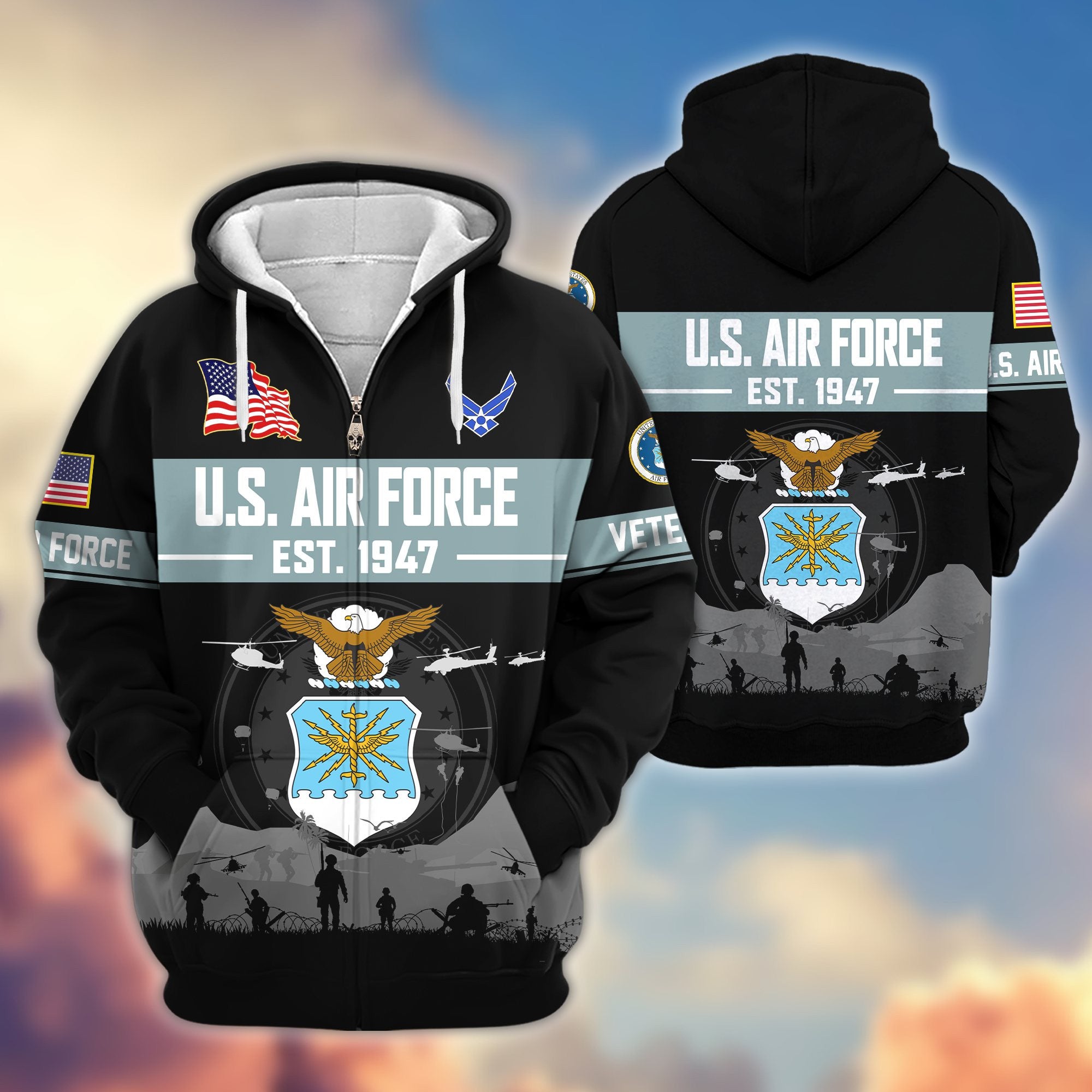 Premium US Veterans Zip Hoodie, Gifts For US Veterans, Gifts On Father's Day, Veterans Day.