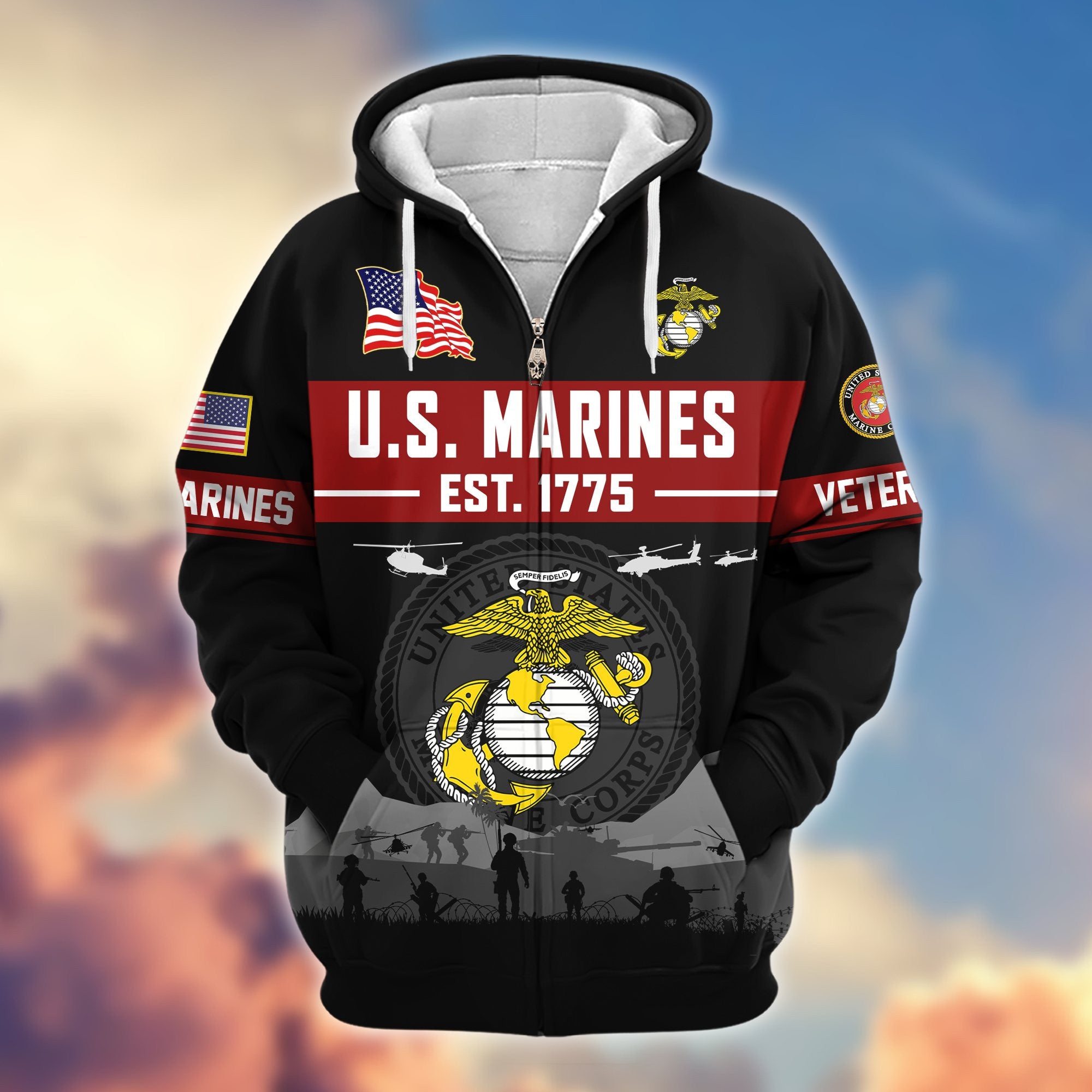 Premium US Veterans Zip Hoodie, Gifts For US Veterans, Gifts On Father's Day, Veterans Day.