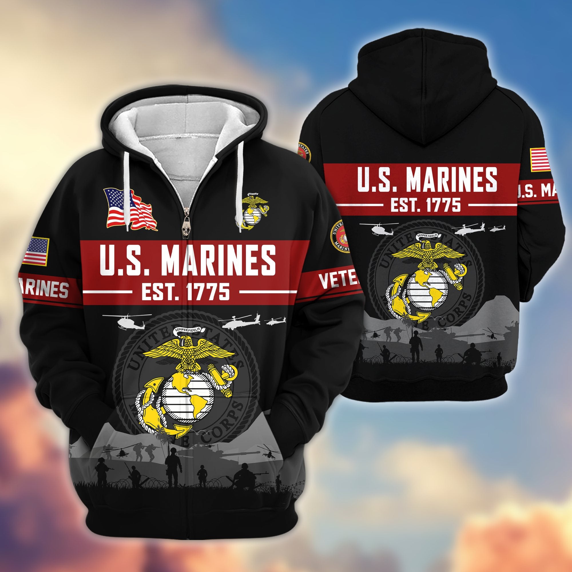 Premium US Veterans Zip Hoodie, Gifts For US Veterans, Gifts On Father's Day, Veterans Day.
