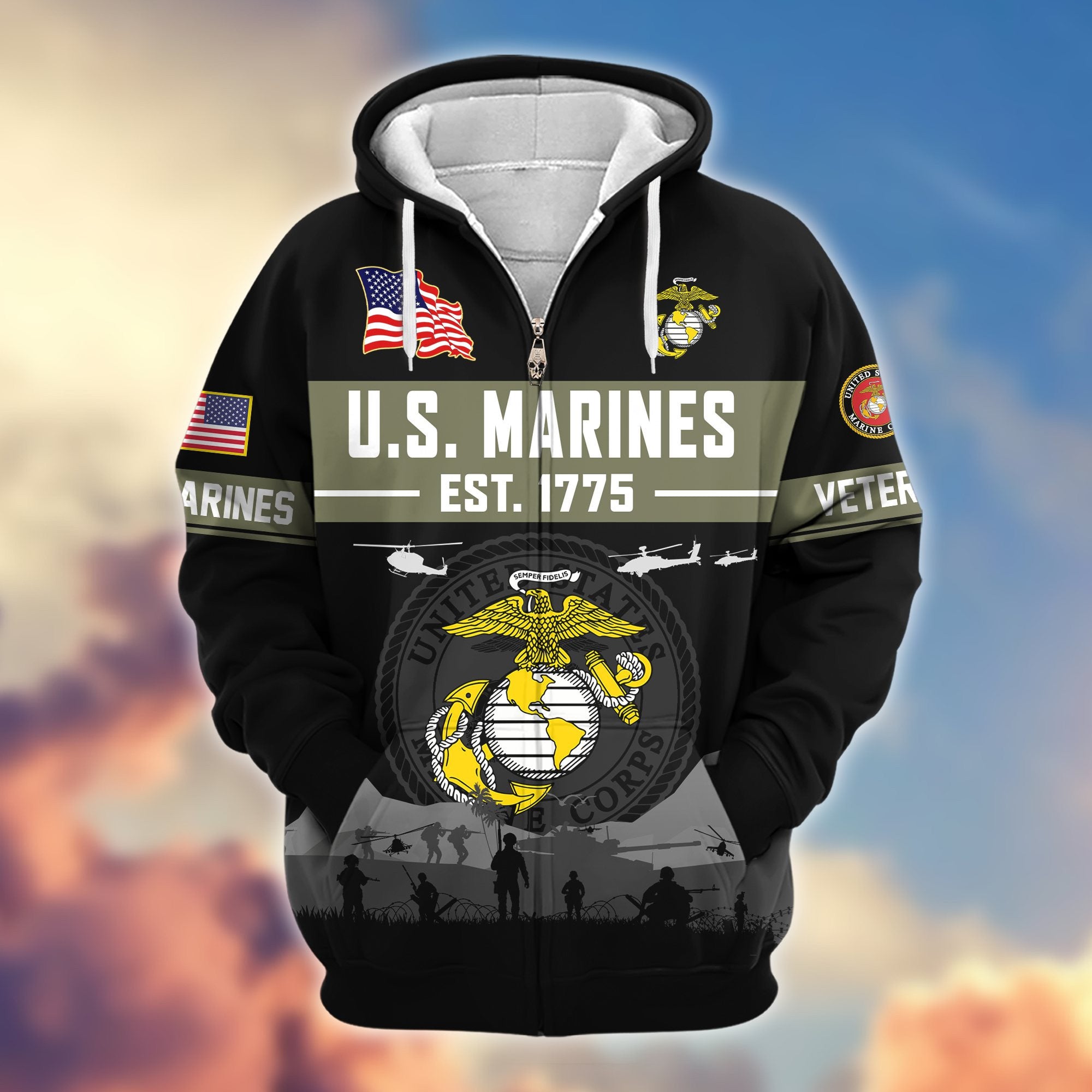 Premium US Veterans Zip Hoodie, Gifts For US Veterans, Gifts On Father's Day, Veterans Day.