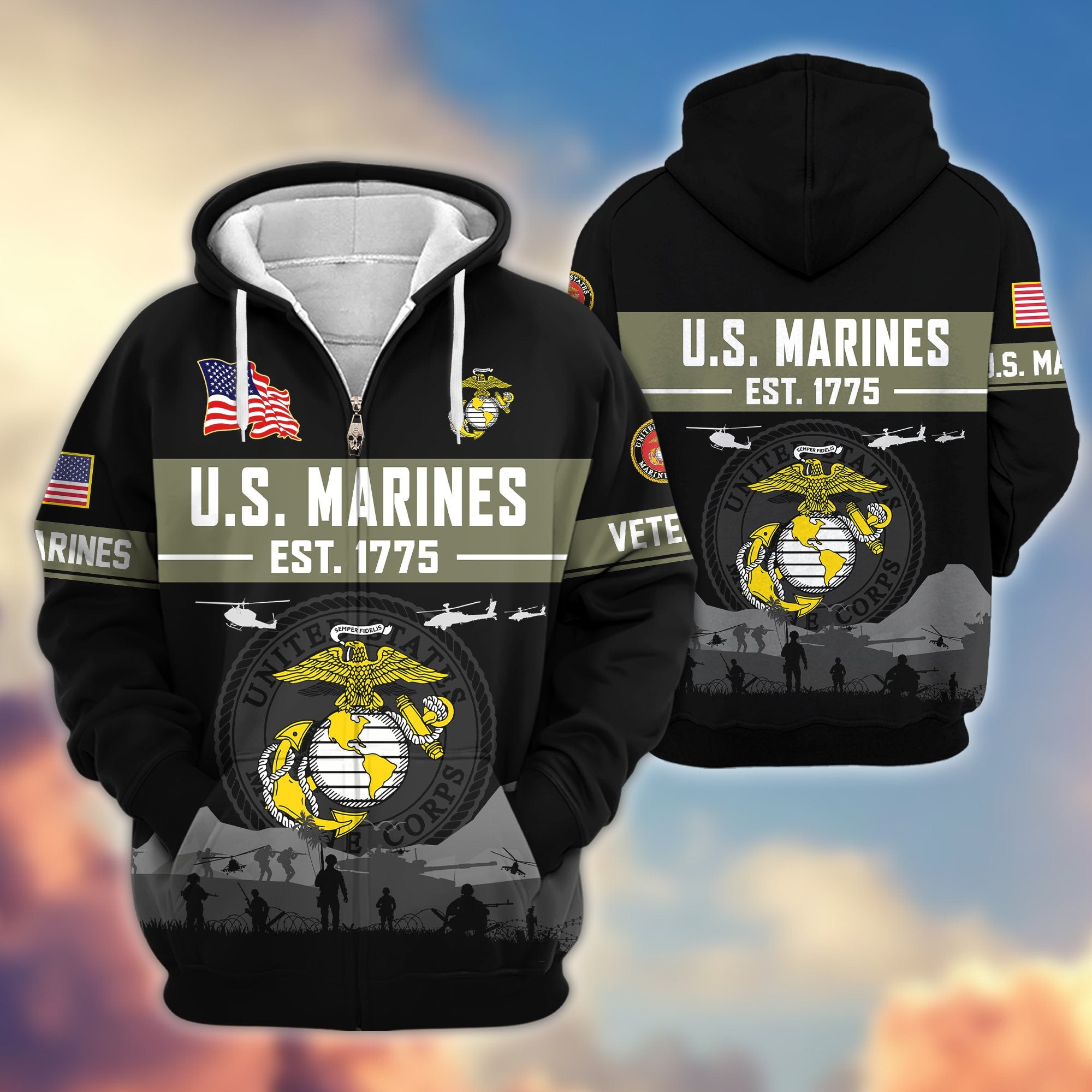 Premium US Veterans Zip Hoodie, Gifts For US Veterans, Gifts On Father's Day, Veterans Day.