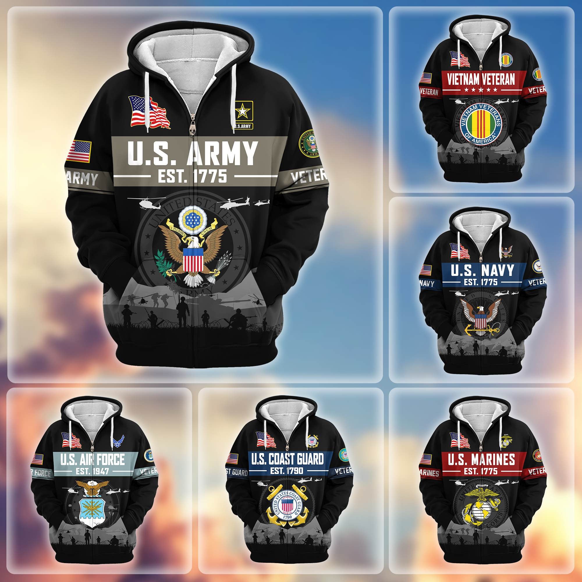 Premium US Veterans Zip Hoodie, Gifts For US Veterans, Gifts On Father's Day, Veterans Day.