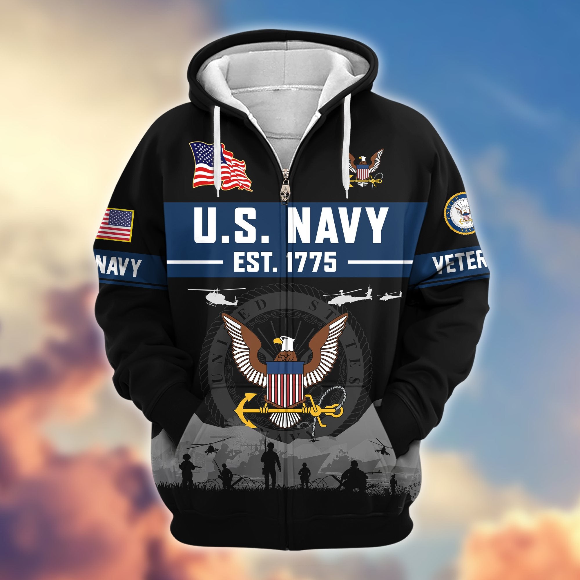 Premium US Veterans Zip Hoodie, Gifts For US Veterans, Gifts On Father's Day, Veterans Day.
