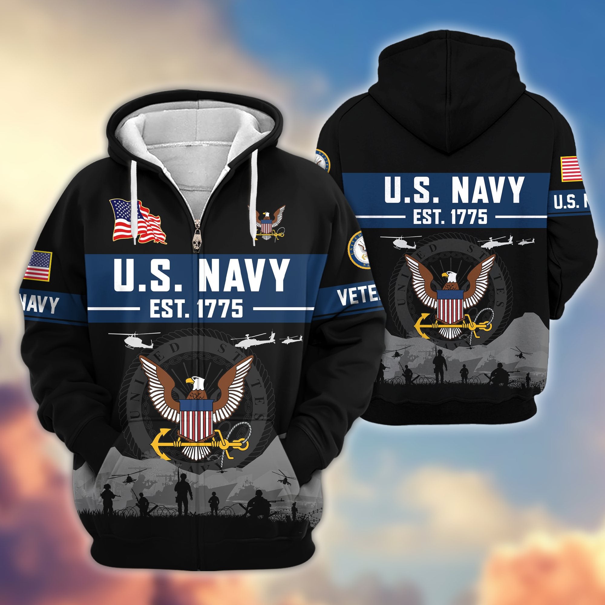 Premium US Veterans Zip Hoodie, Gifts For US Veterans, Gifts On Father's Day, Veterans Day.