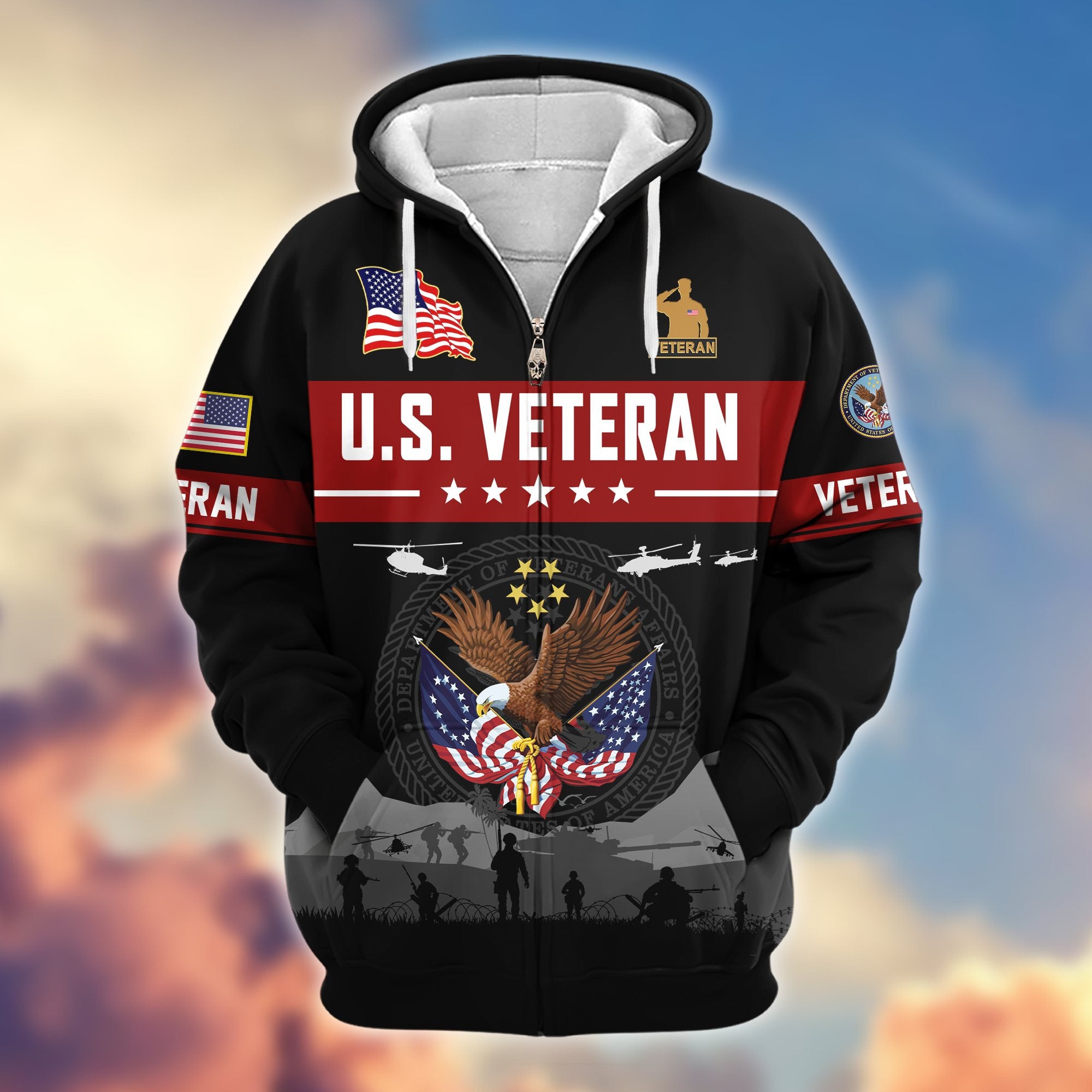 Premium US Veterans Zip Hoodie, Gifts For US Veterans, Gifts On Father's Day, Veterans Day.