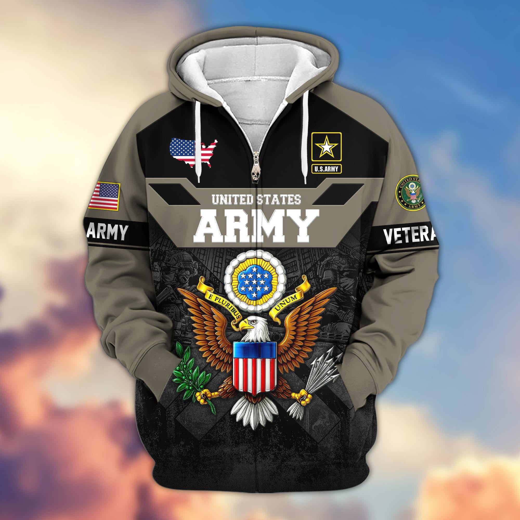 Premium US Veterans Zip Hoodie, Gifts For US Veterans, Gifts On Father's Day, Veterans Day.