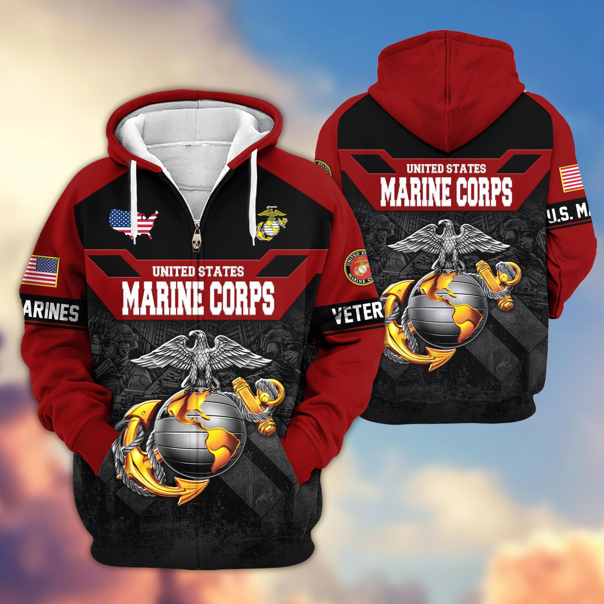 Premium US Veterans Zip Hoodie, Gifts For US Veterans, Gifts On Father's Day, Veterans Day.