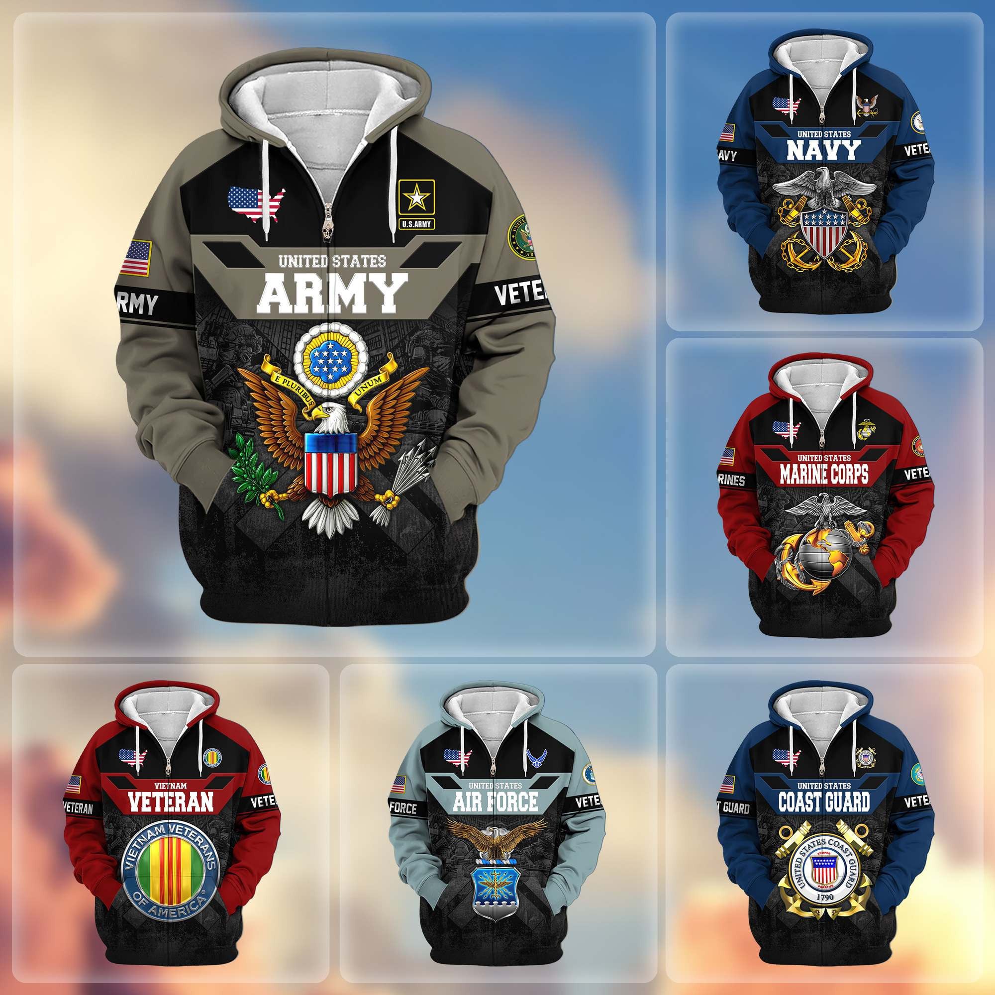 Premium US Veterans Zip Hoodie, Gifts For US Veterans, Gifts On Father's Day, Veterans Day.