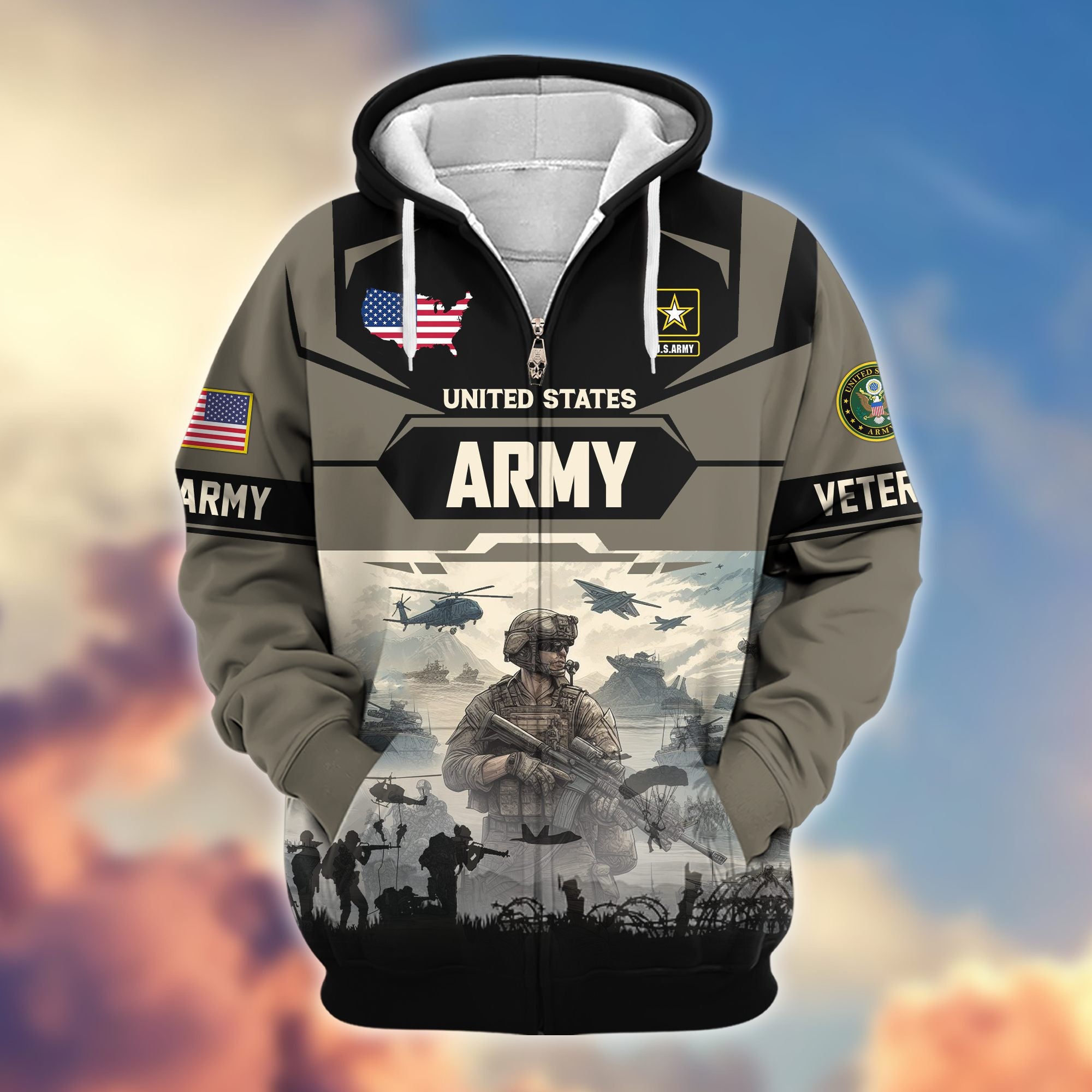Premium US Veterans Zip Hoodie, Gifts For US Veterans, Gifts On Father's Day, Veterans Day.