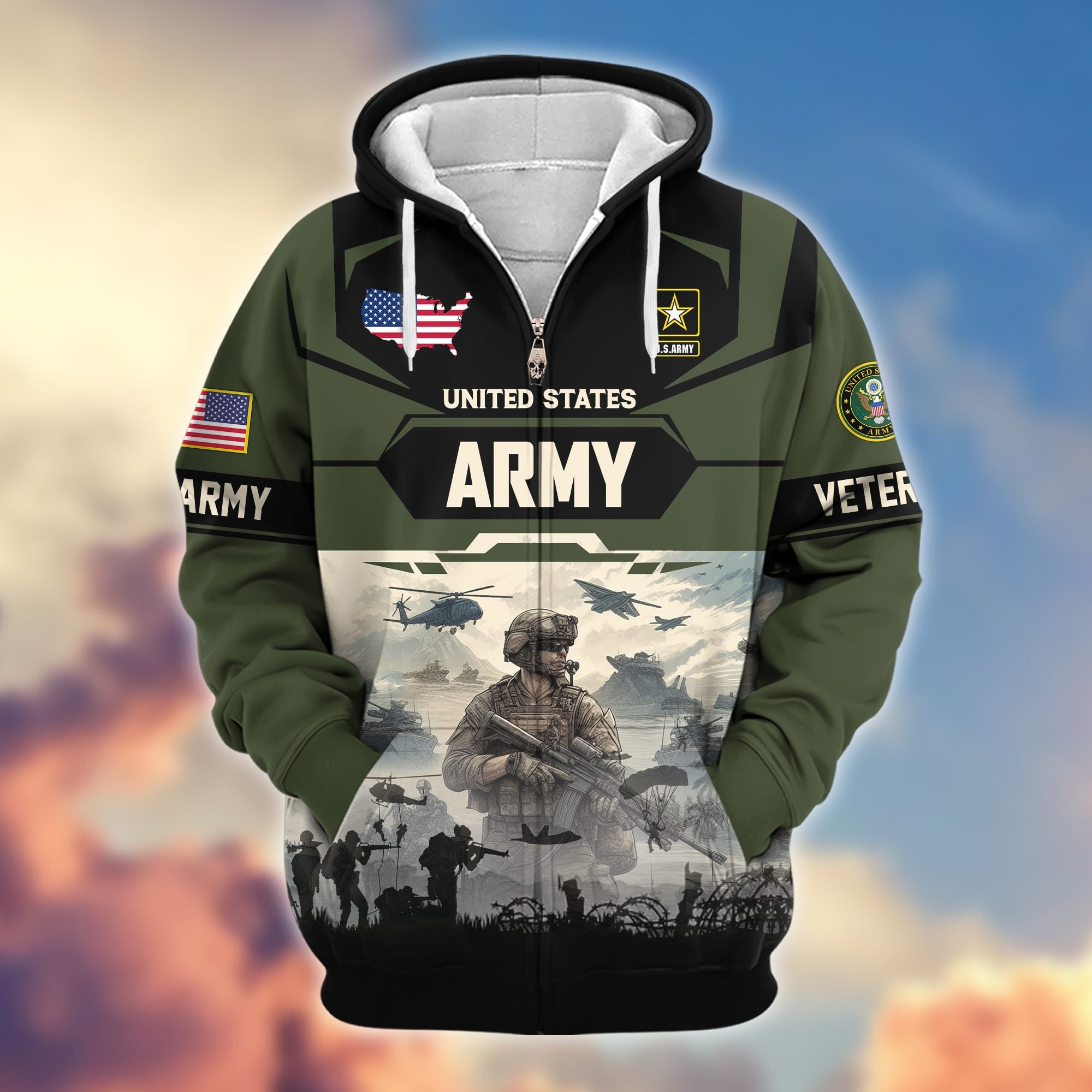 Premium US Veterans Zip Hoodie, Gifts For US Veterans, Gifts On Father's Day, Veterans Day.