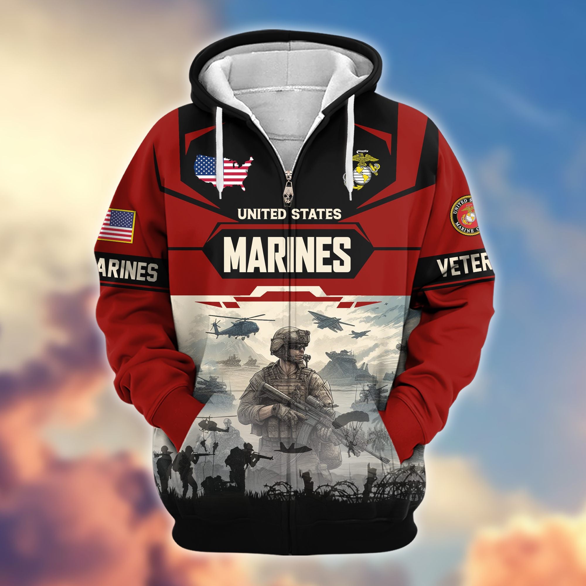 Premium US Veterans Zip Hoodie, Gifts For US Veterans, Gifts On Father's Day, Veterans Day.