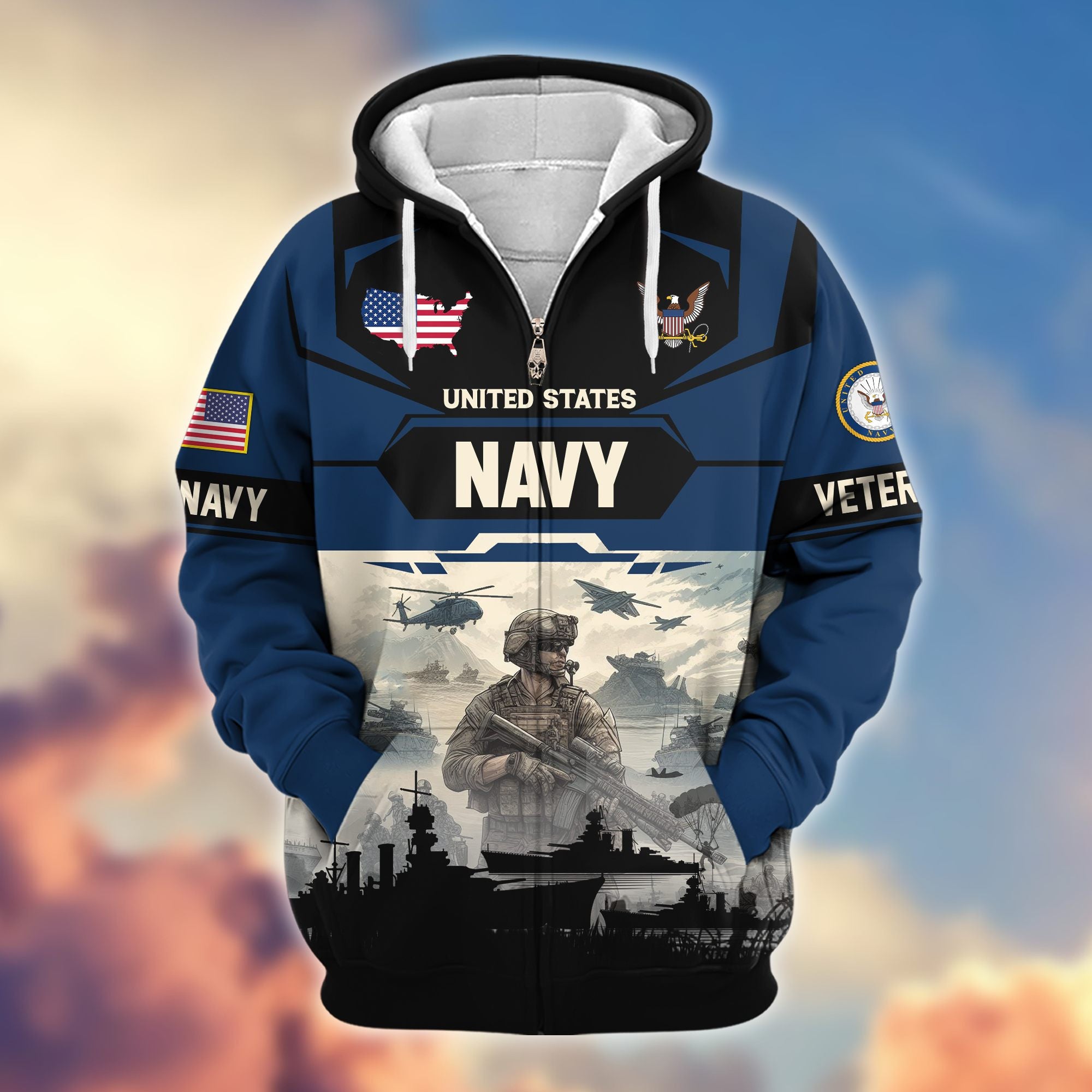 Premium US Veterans Zip Hoodie, Gifts For US Veterans, Gifts On Father's Day, Veterans Day.