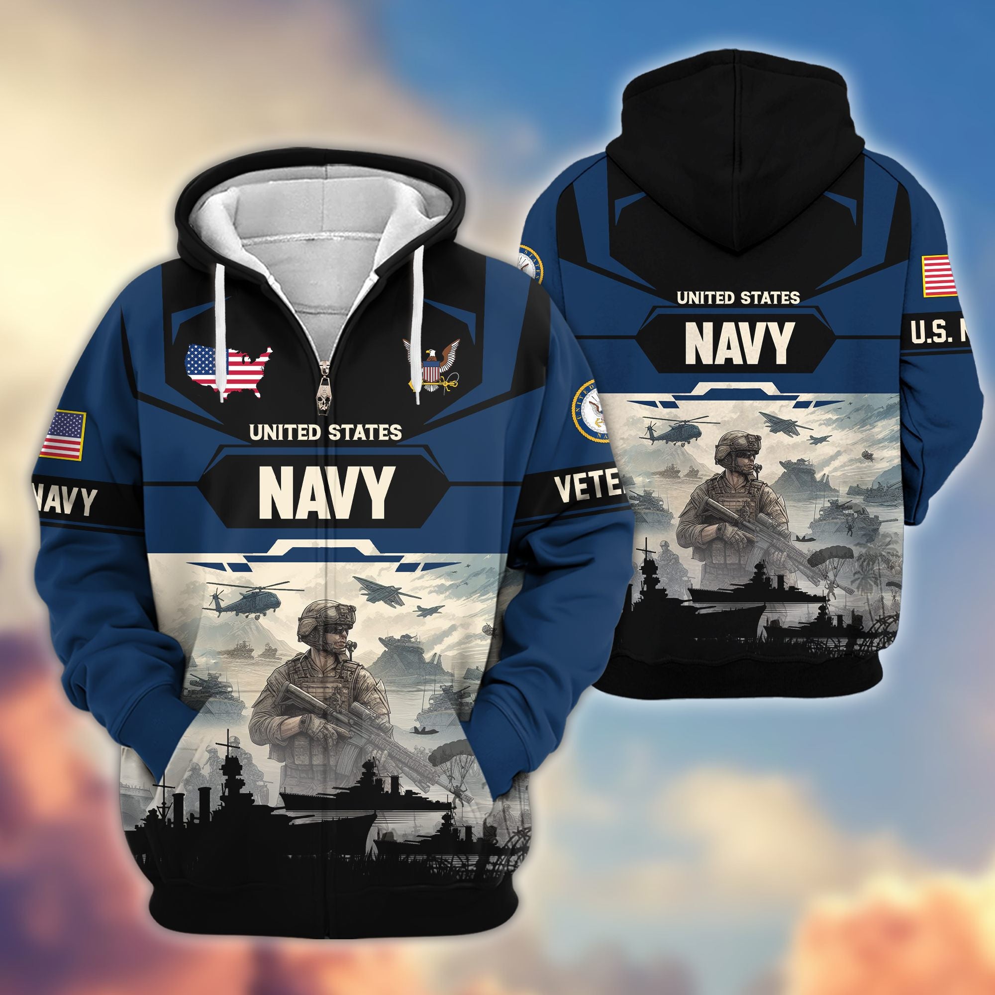 Premium US Veterans Zip Hoodie, Gifts For US Veterans, Gifts On Father's Day, Veterans Day.