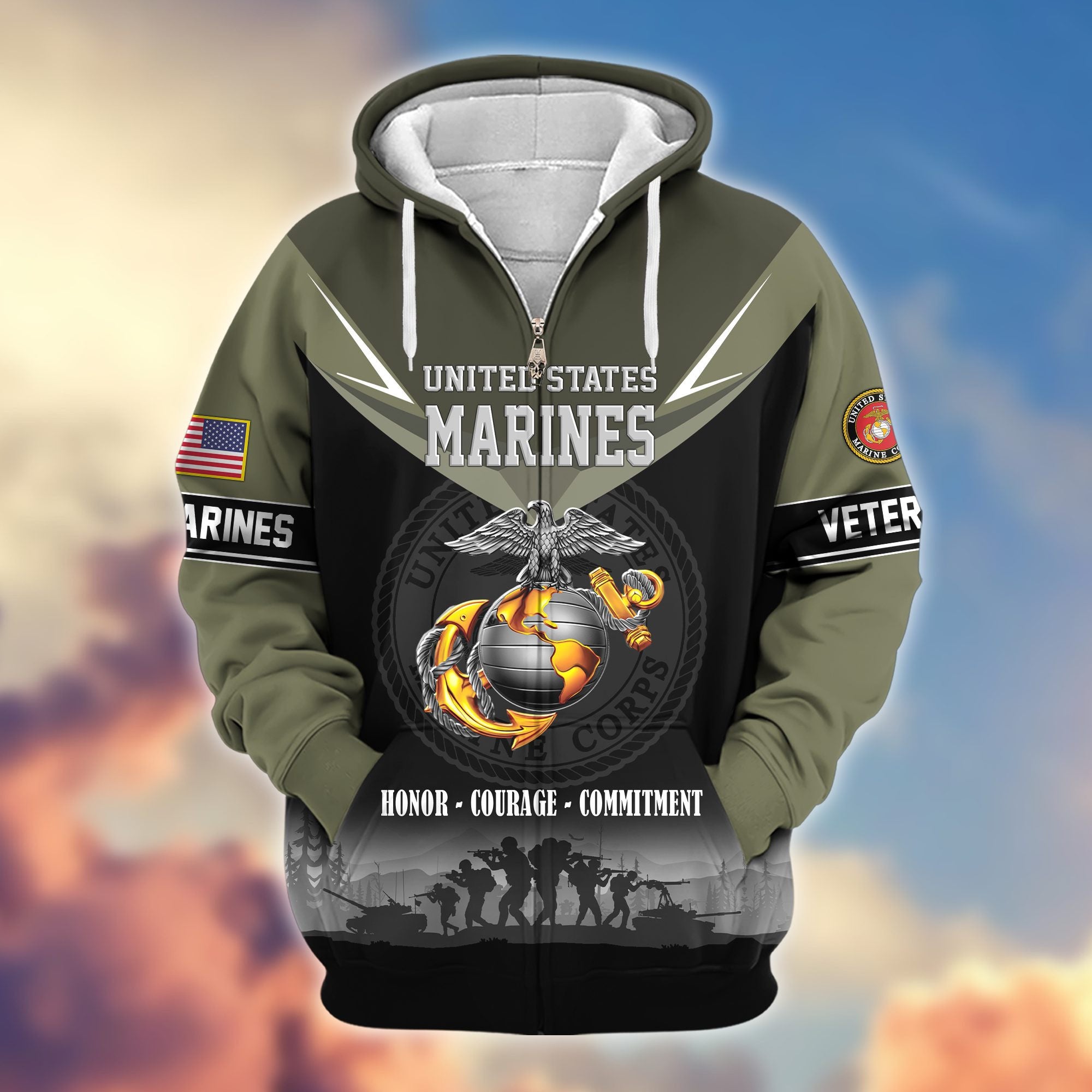 Premium US Veterans Zip Hoodie, Gifts For US Veterans, Gifts On Father's Day, Veterans Day.