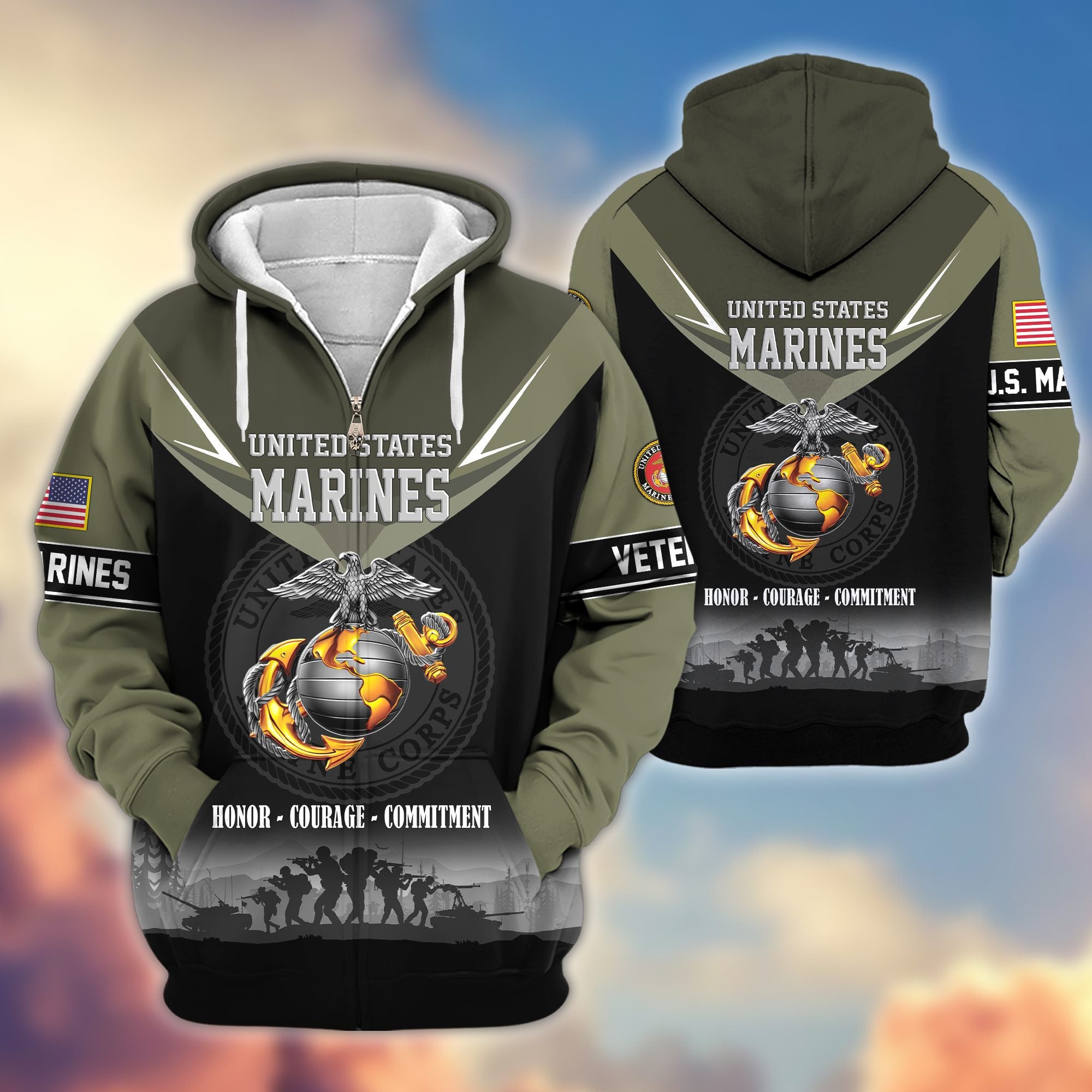 Premium US Veterans Zip Hoodie, Gifts For US Veterans, Gifts On Father's Day, Veterans Day.