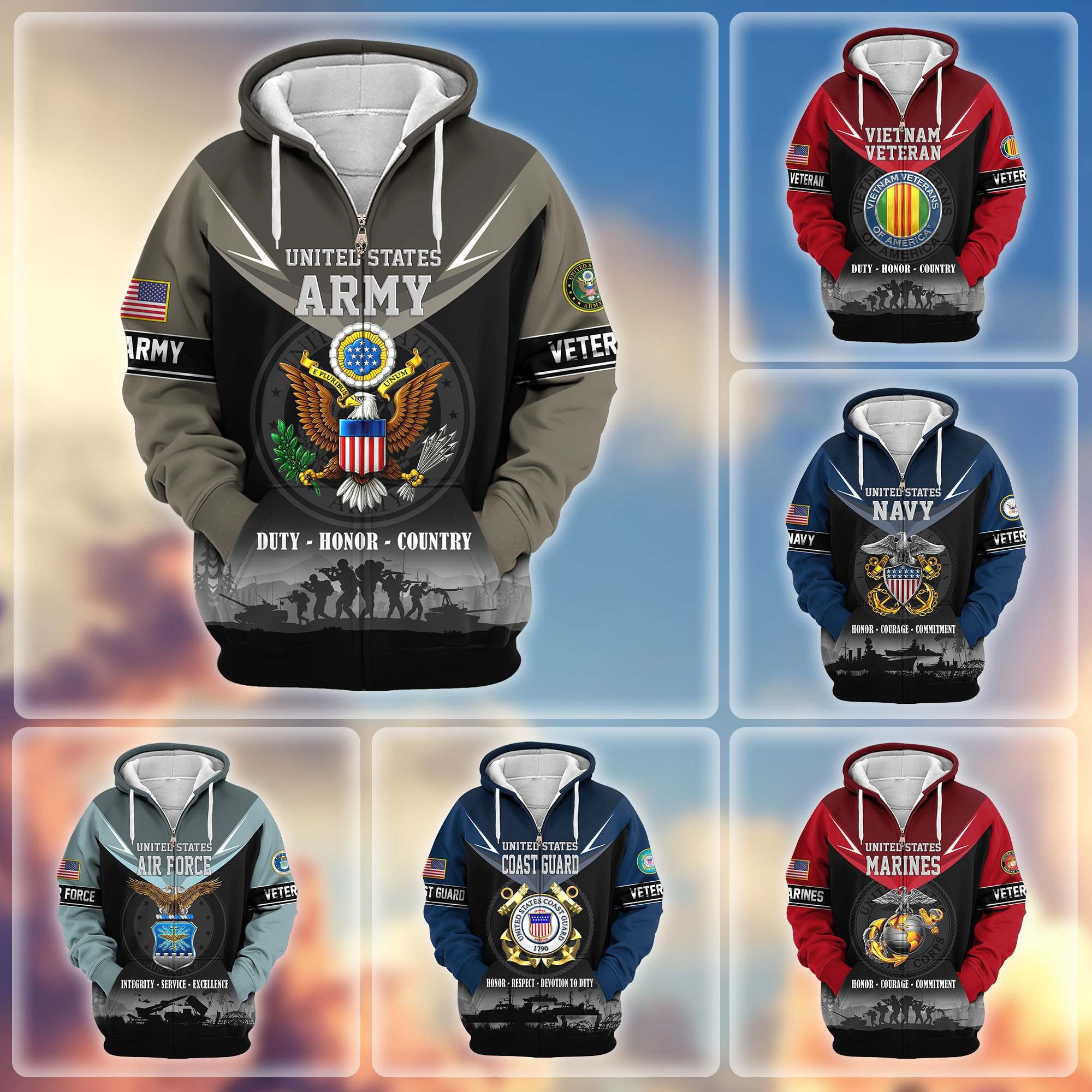 Premium US Veterans Zip Hoodie, Gifts For US Veterans, Gifts On Father's Day, Veterans Day.