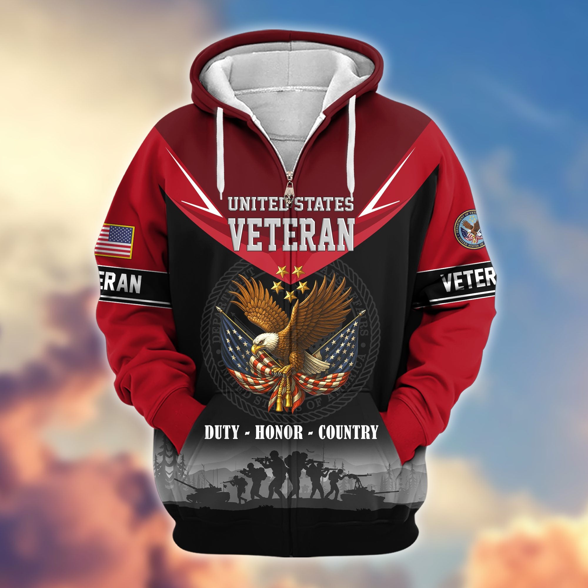 Premium US Veterans Zip Hoodie, Gifts For US Veterans, Gifts On Father's Day, Veterans Day.