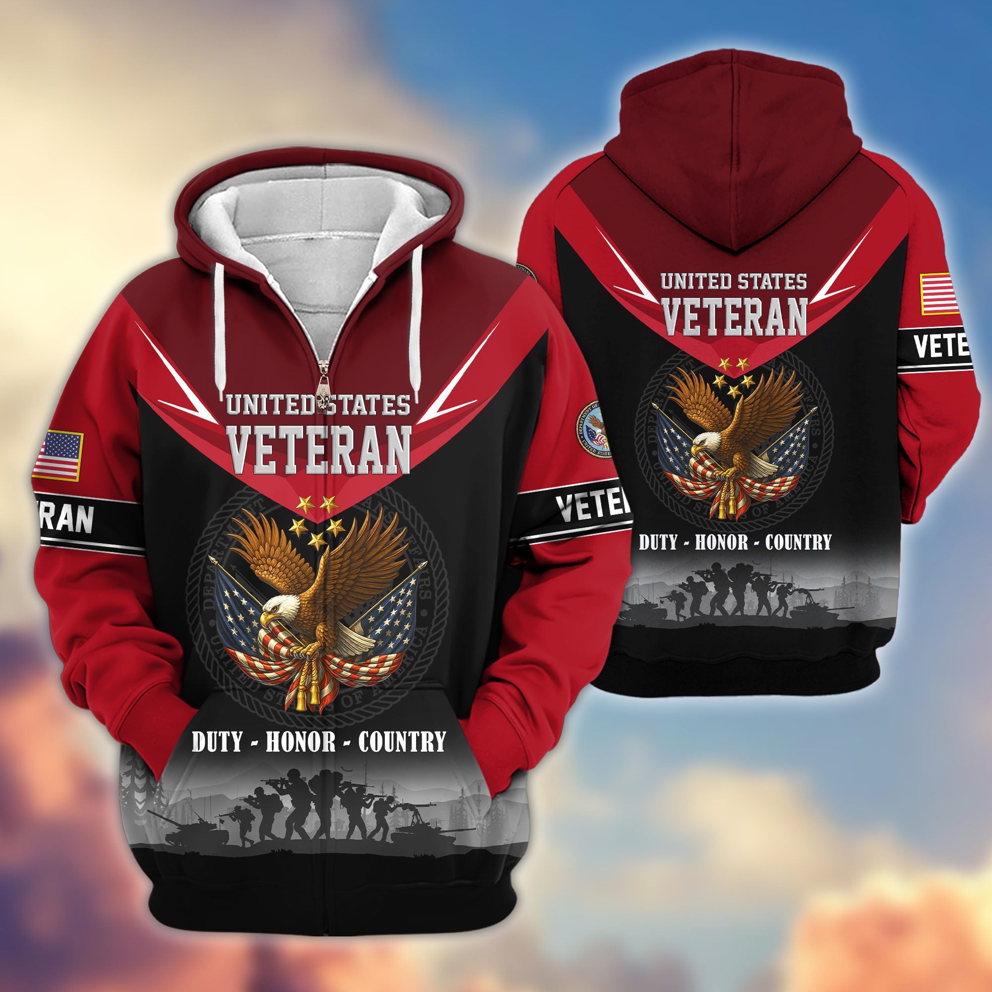 Premium US Veterans Zip Hoodie, Gifts For US Veterans, Gifts On Father's Day, Veterans Day.