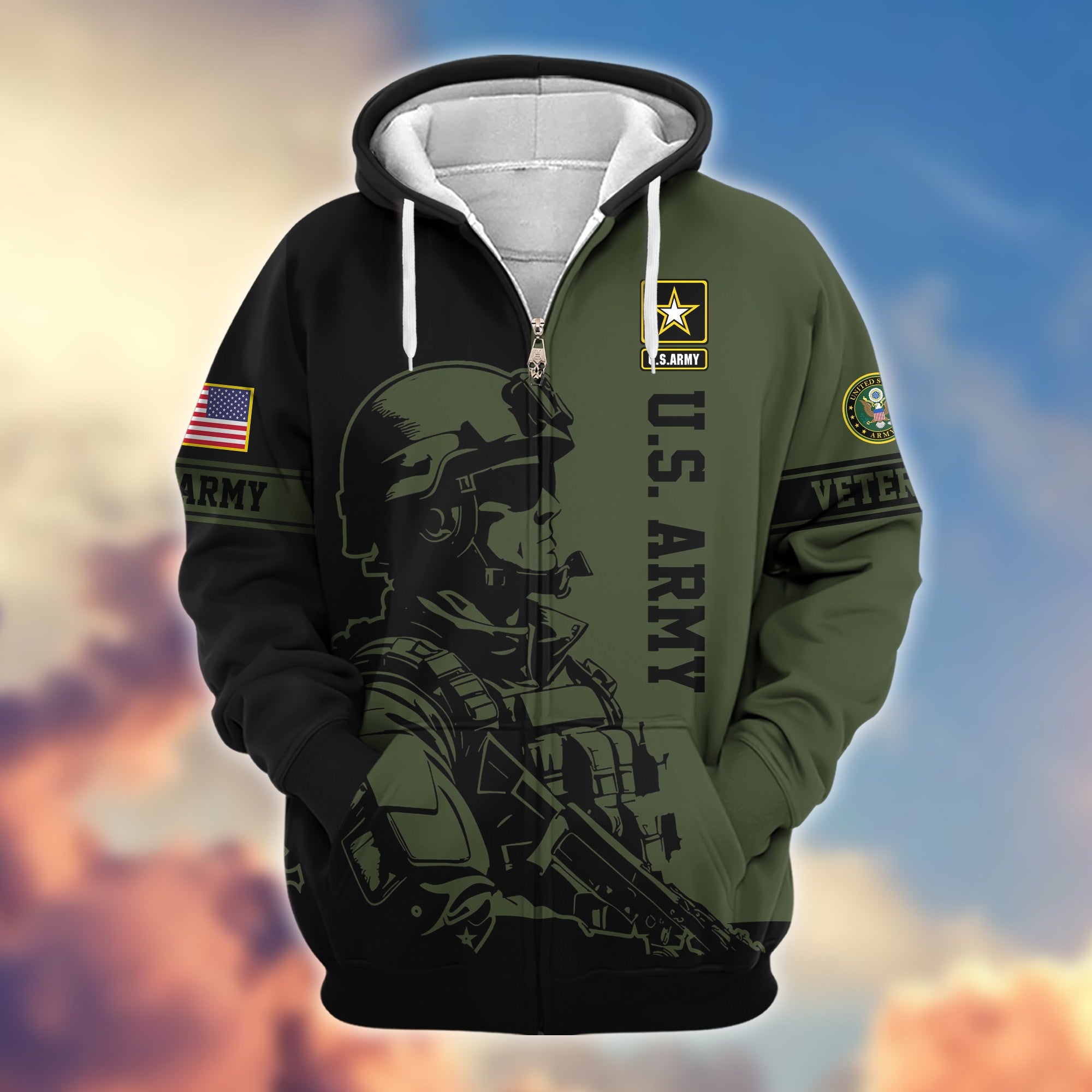 Premium US Veterans Zip Hoodie, Gifts For US Veterans, Gifts On Father's Day, Veterans Day.