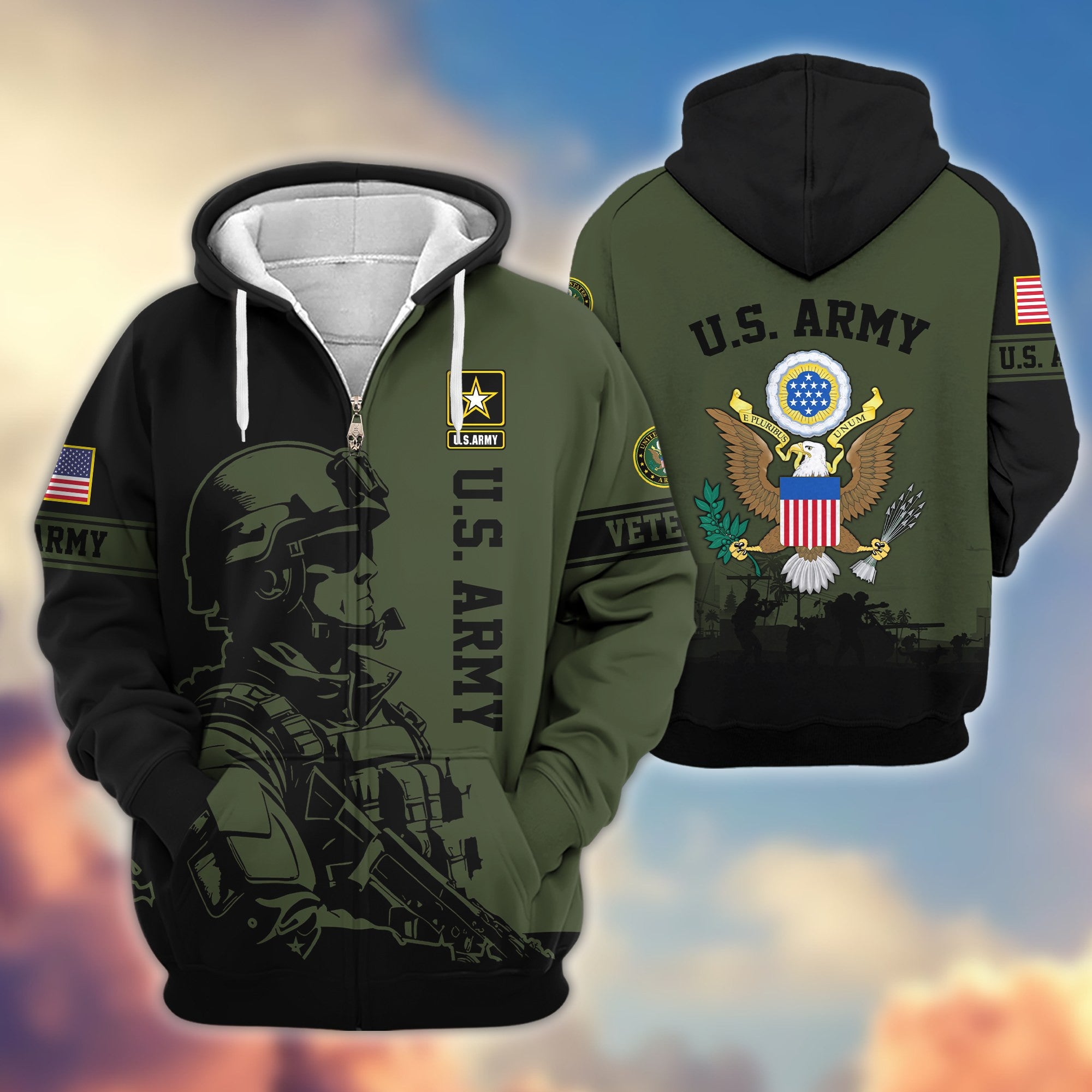 Premium US Veterans Zip Hoodie, Gifts For US Veterans, Gifts On Father's Day, Veterans Day.