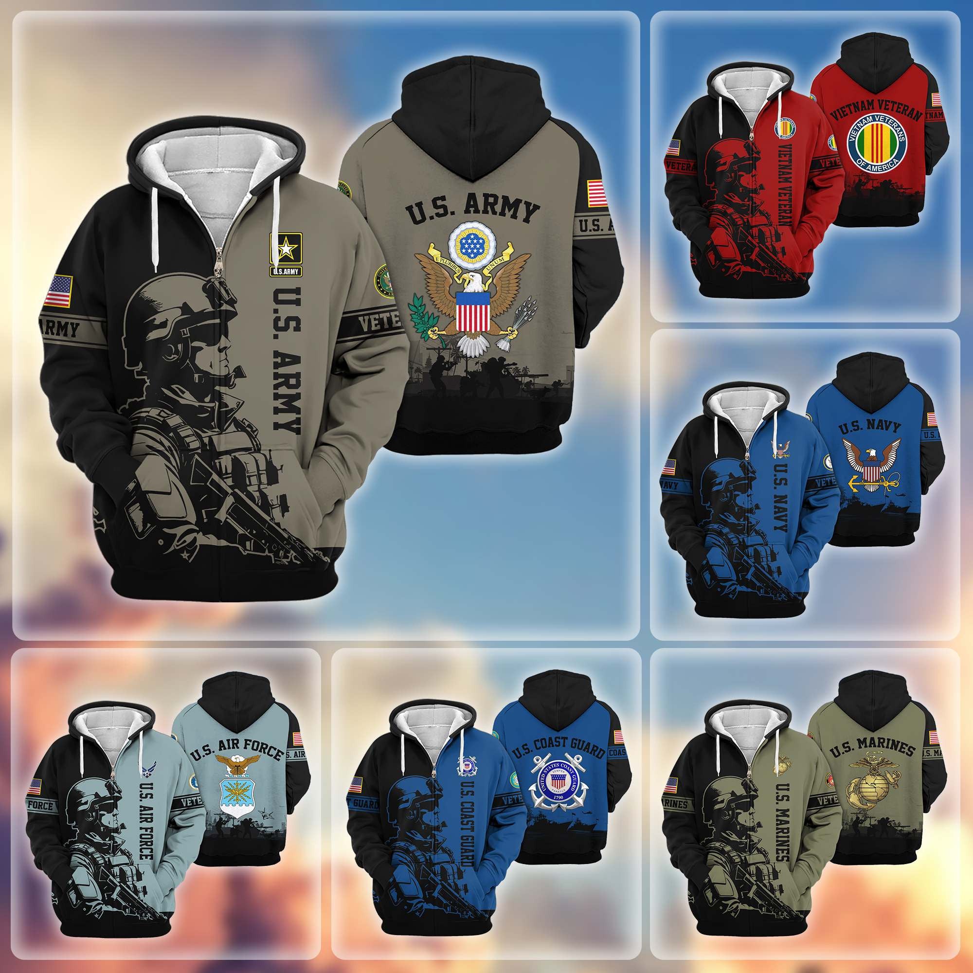 Premium US Veterans Zip Hoodie, Gifts For US Veterans, Gifts On Father's Day, Veterans Day.